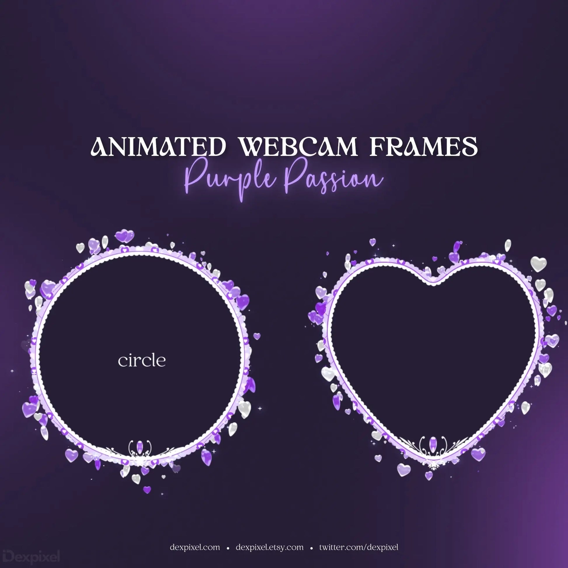 Two decorative webcam frames - one circular and one heart-shaped - with purple and silver sparkly borders.