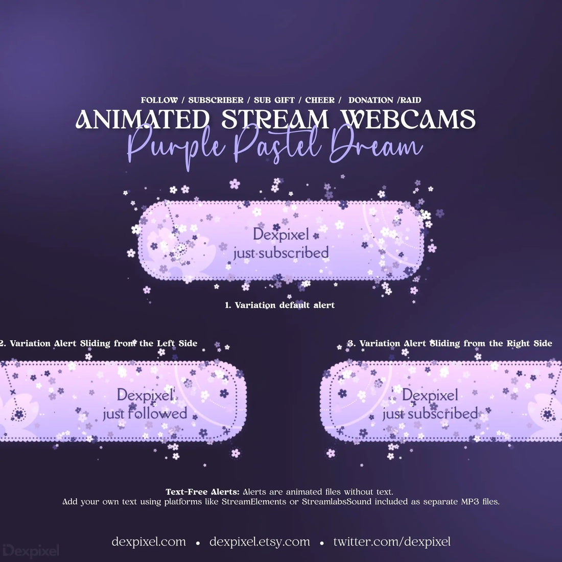 Purple Pastel Dream animated stream alerts featuring vibrant pink and purple overlays