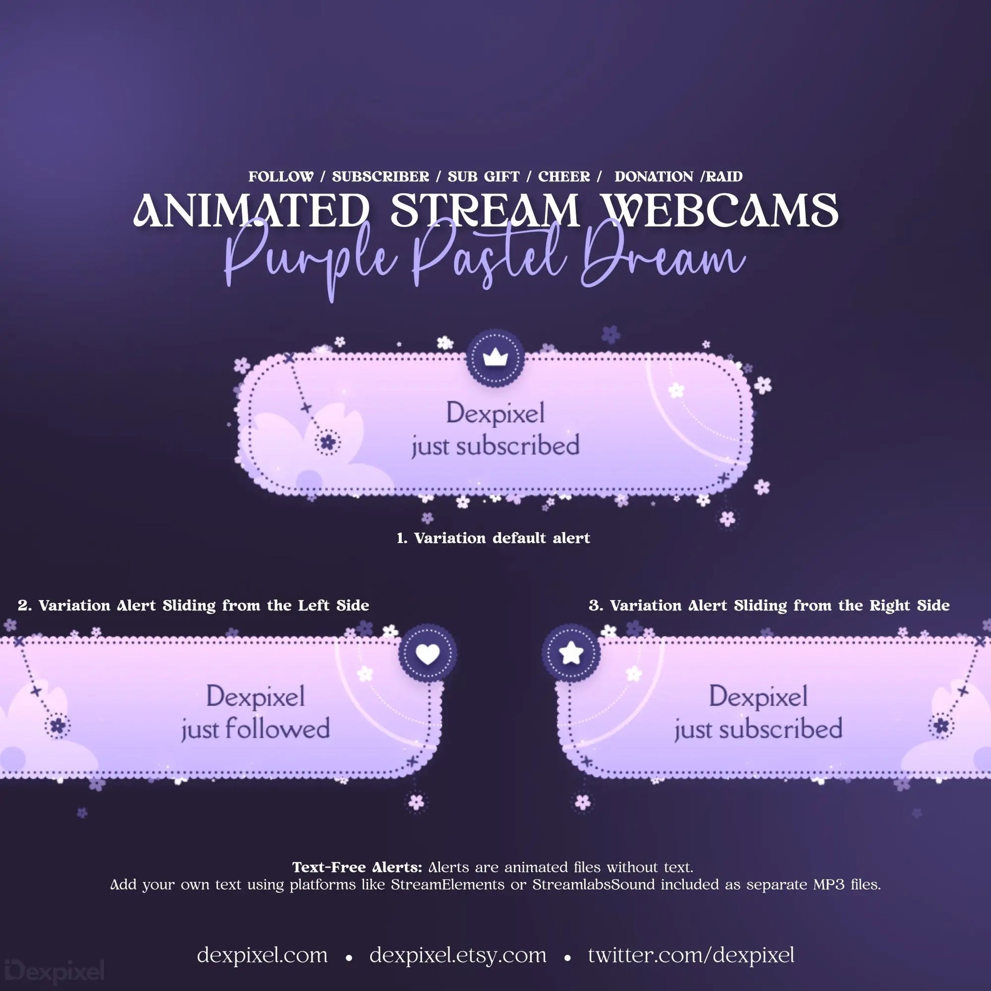 Purple Pastel Dream Alerts featuring animated stream alerts in pink and purple pastel themes