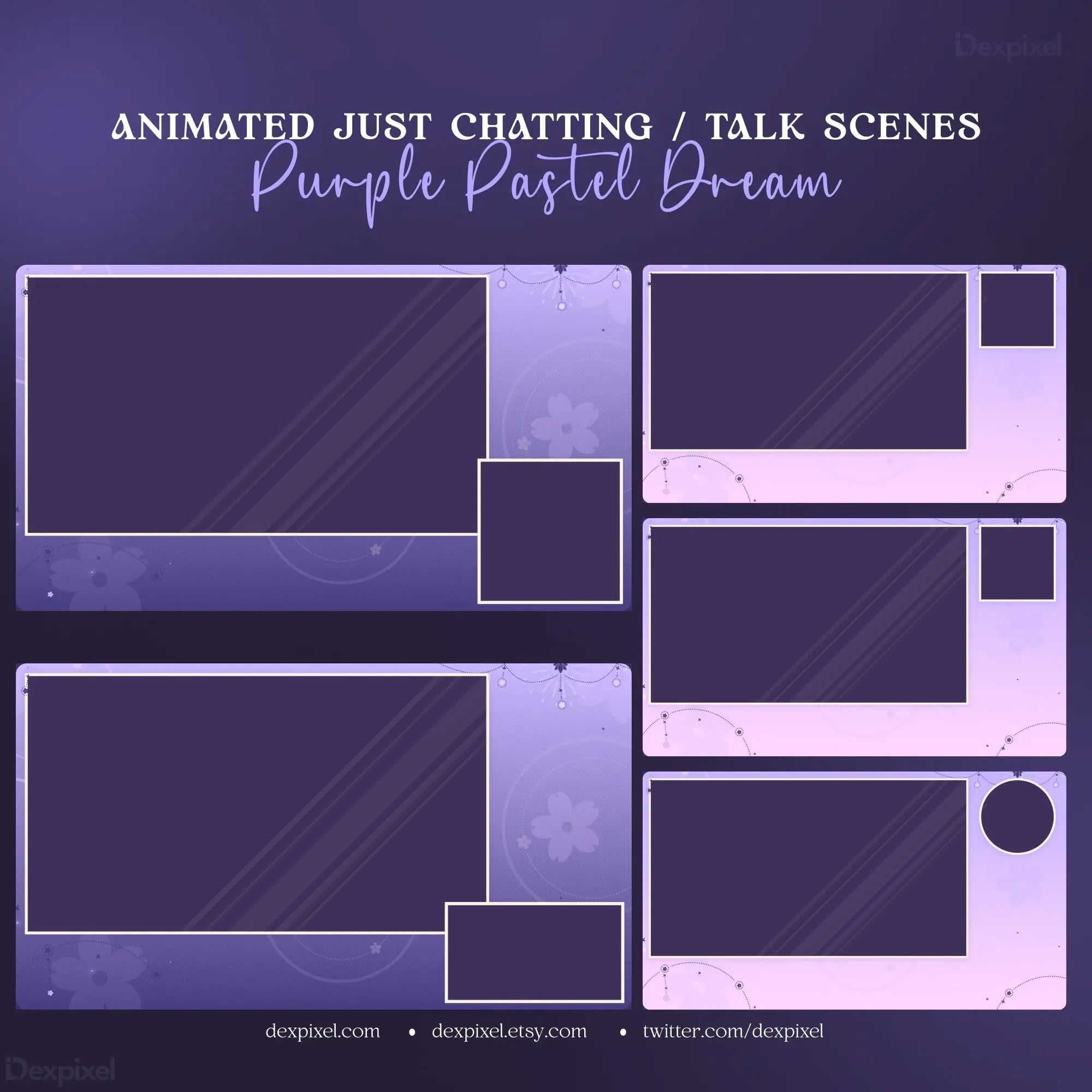 Stream overlay template featuring purple dream animated panels in pastel colors