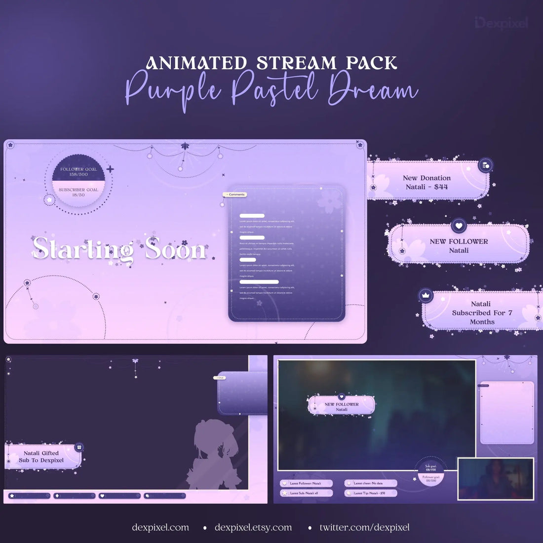 Purple Pastel Dream Celestial Stream Pack featuring purple dream animated overlays and panels