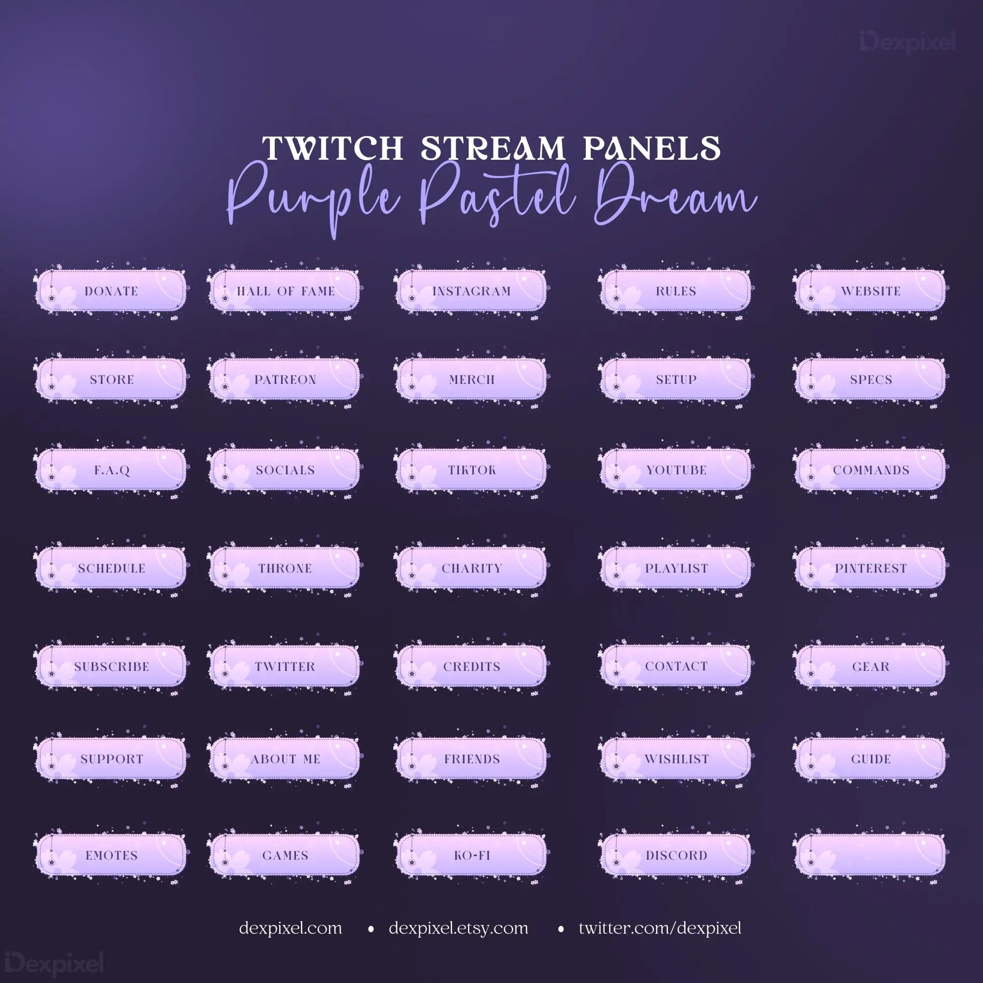 Purple and pink Twitch stream panel buttons in a grid from Purple Pastel Dream Celestial Stream Pack