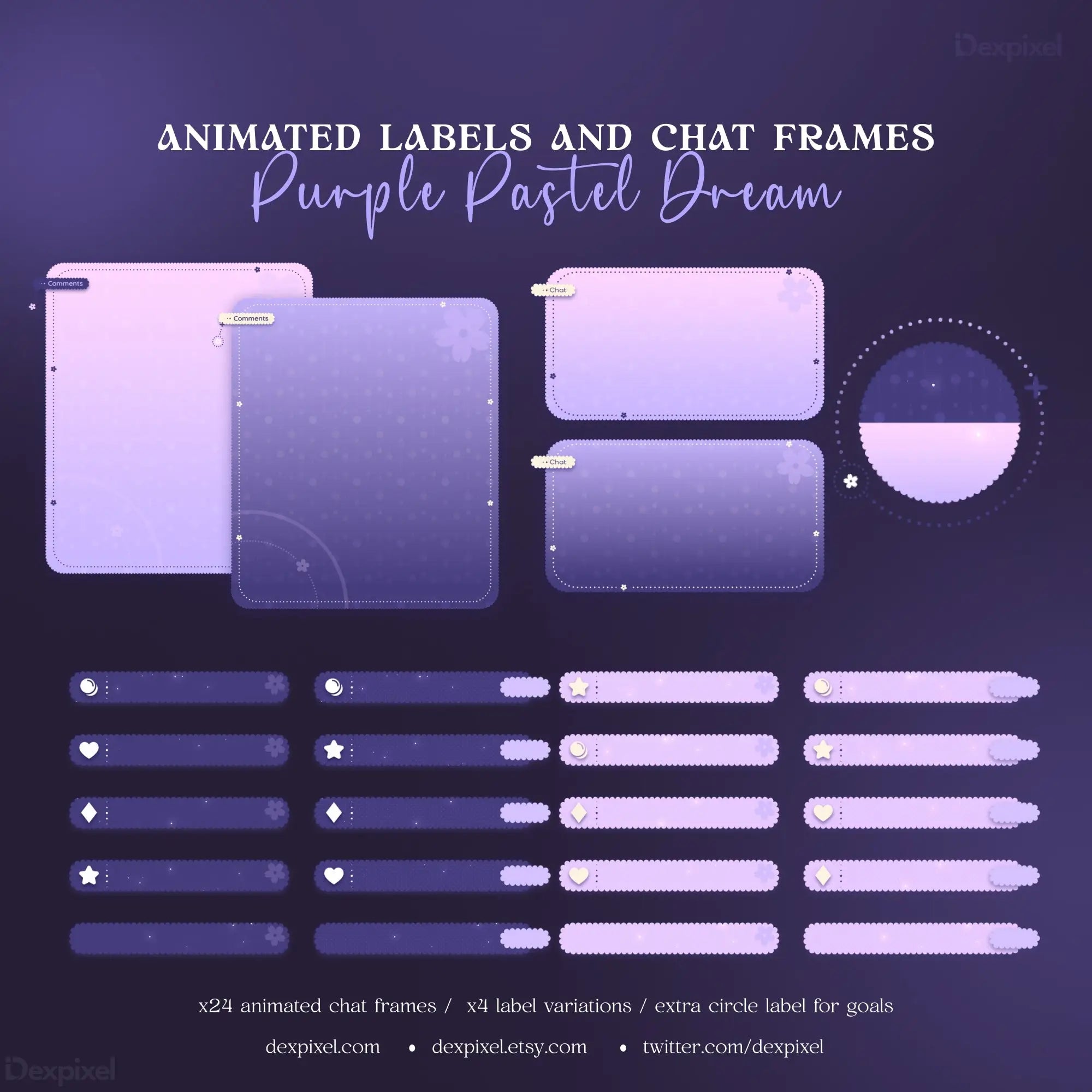 Purple Pastel Dream Celestial Stream Pack featuring purple dream animated labels and chat frames