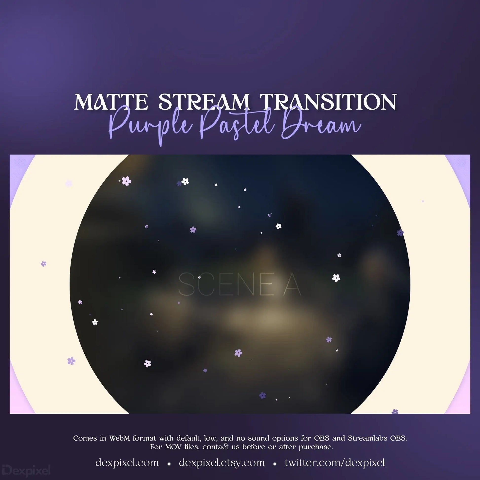 Circular dark stream transition overlay featuring purple pastel dream elements and stars