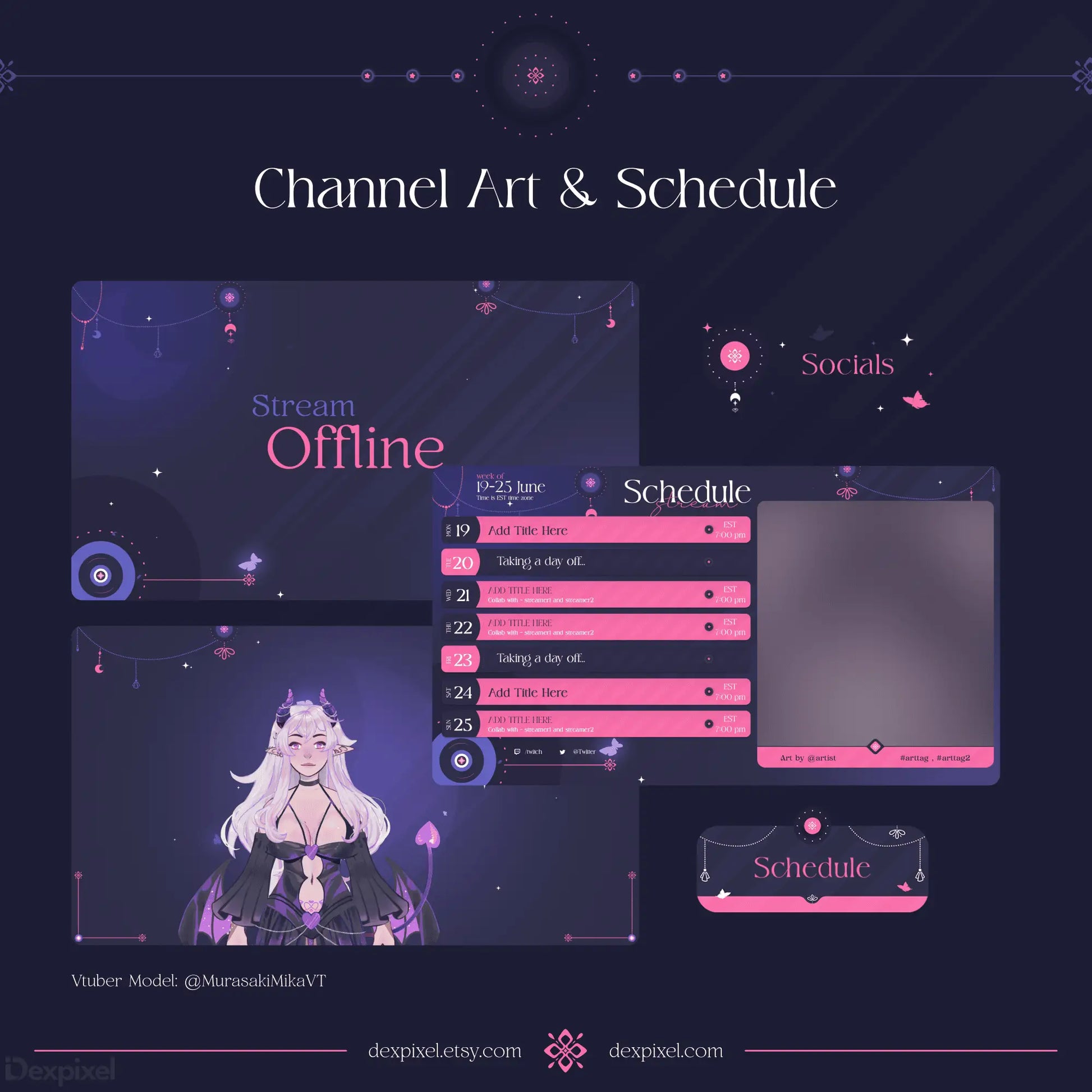 Channel art and schedule template with a purple-pink anime style design featuring an offline stream status.