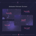 Collection of animated stream scenes with purple and pink text overlays in a dark cosmic theme.