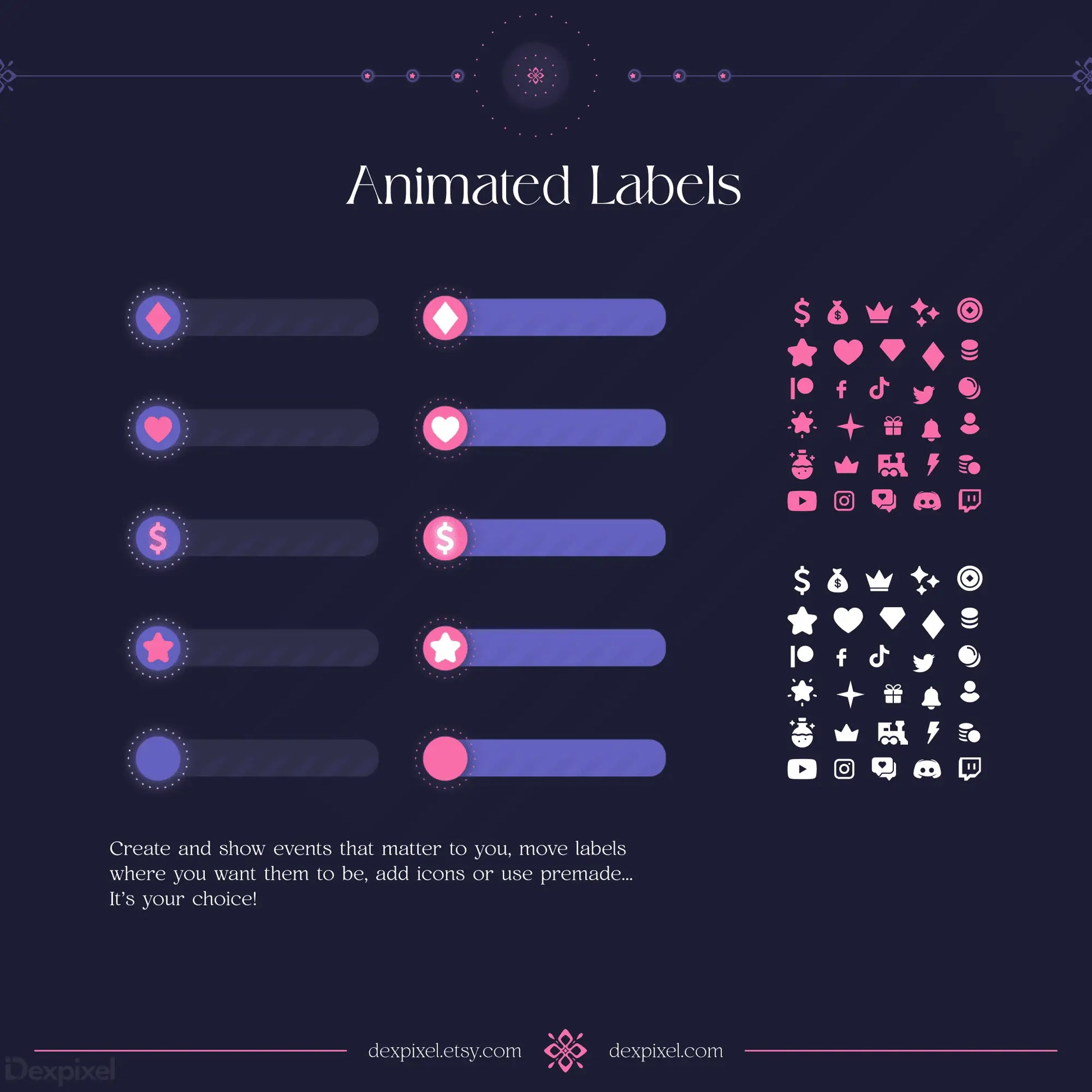 Collection of animated progress bars with matching icon sets in pink and white colors.