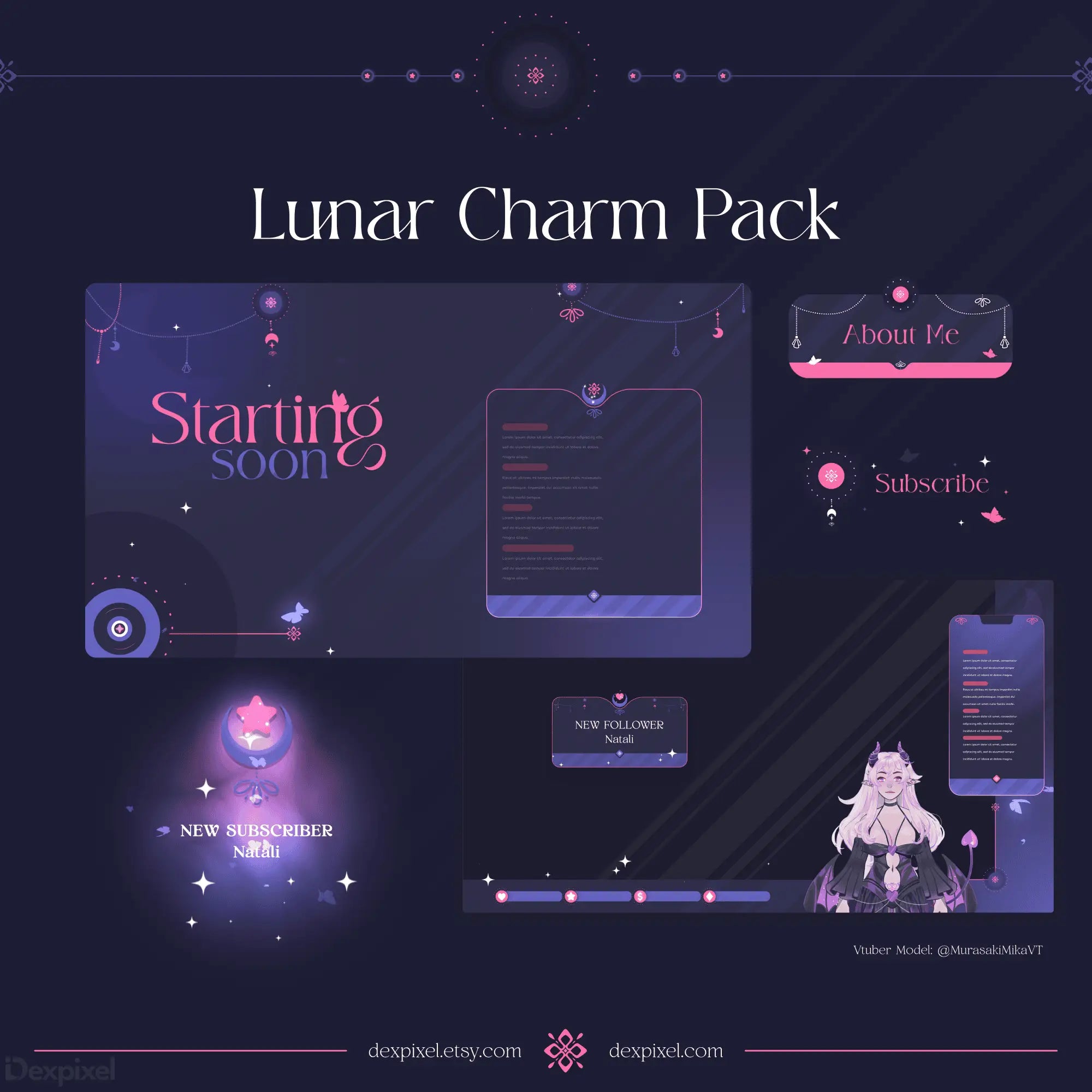 Lunar-themed digital design pack featuring purple and pink UI elements and sparkly cosmic decorations.