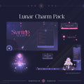 Lunar-themed digital design pack featuring purple and pink UI elements and sparkly cosmic decorations.