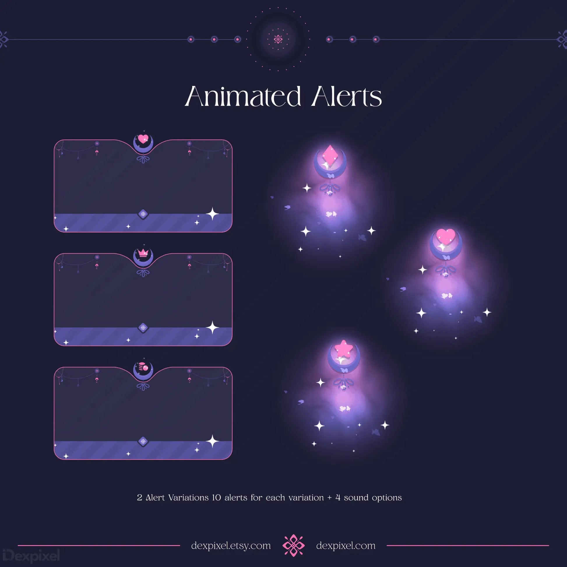 Mystical purple notification alert boxes with glowing crystal embellishments and sparkles.