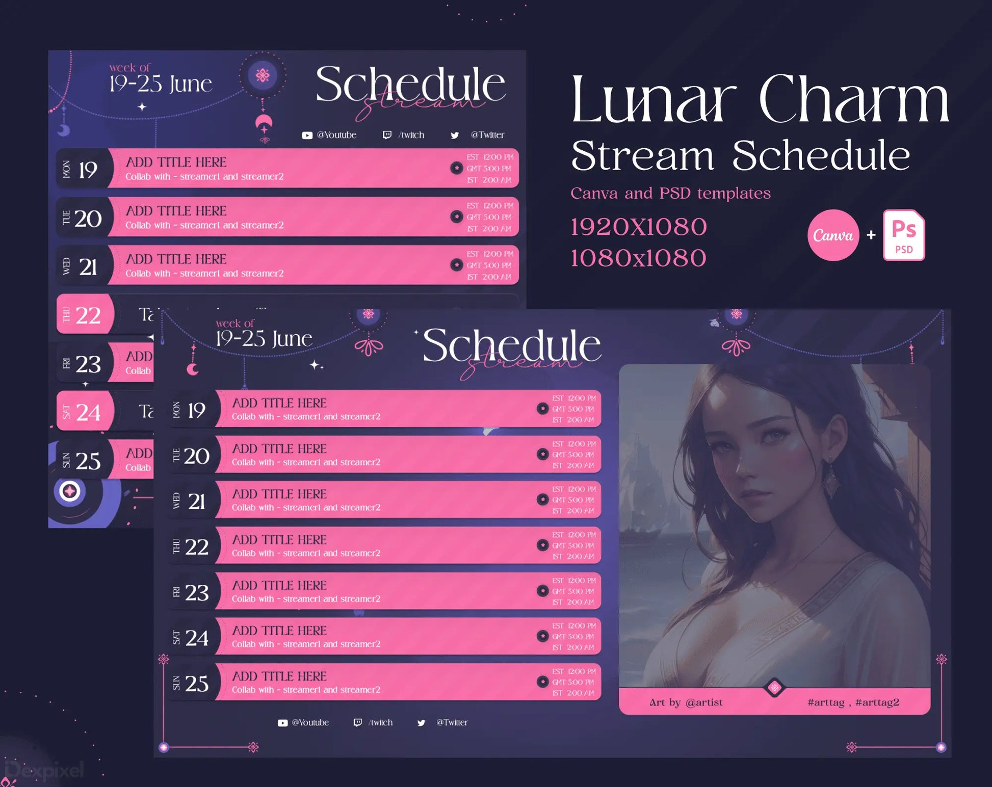 Stream schedule layout with pink and purple color scheme featuring dates from June 17-25.