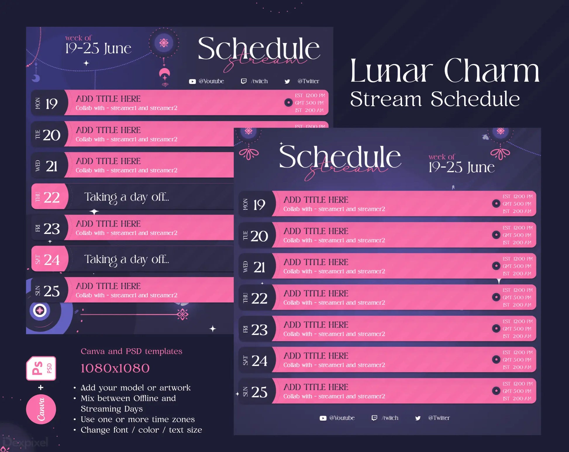 Stream schedule template with pink and purple color scheme showing dates from June 19-25.