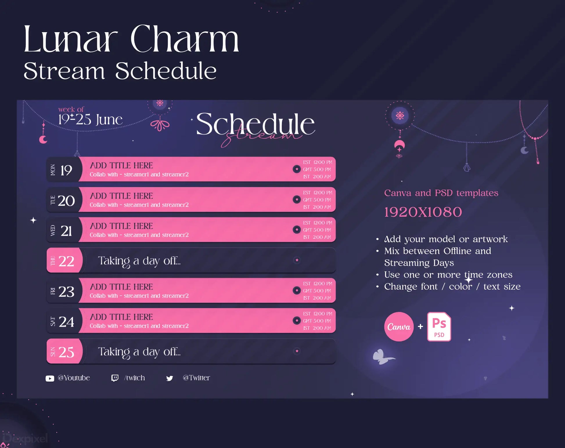 Stream schedule template with a lunar/celestial theme featuring pink time slots against a dark background.