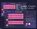 Streaming schedule template with a lunar/celestial theme featuring pink time slots against a dark purple background.