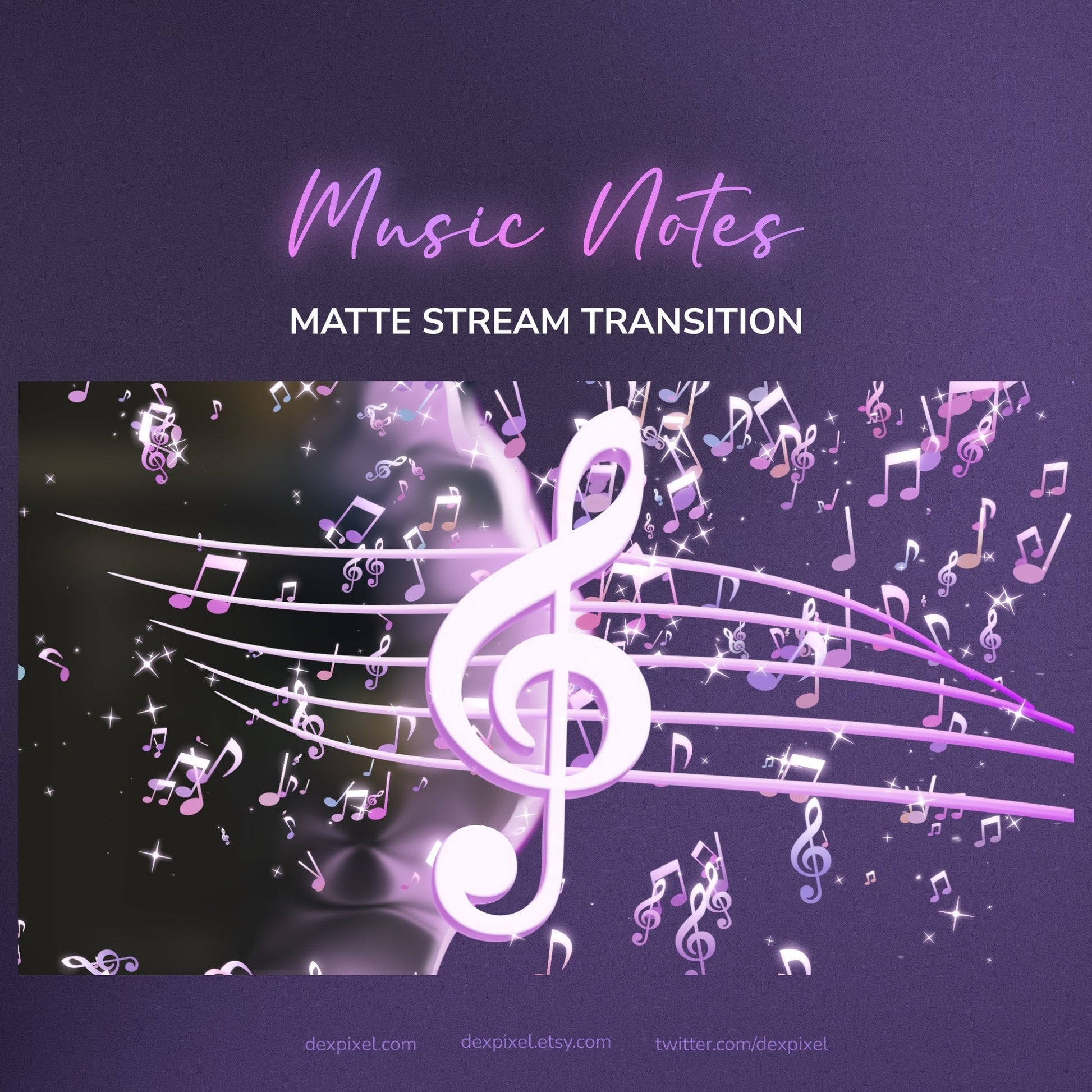Purple matte stream transition graphic featuring a glowing white treble clef and floating musical notes.