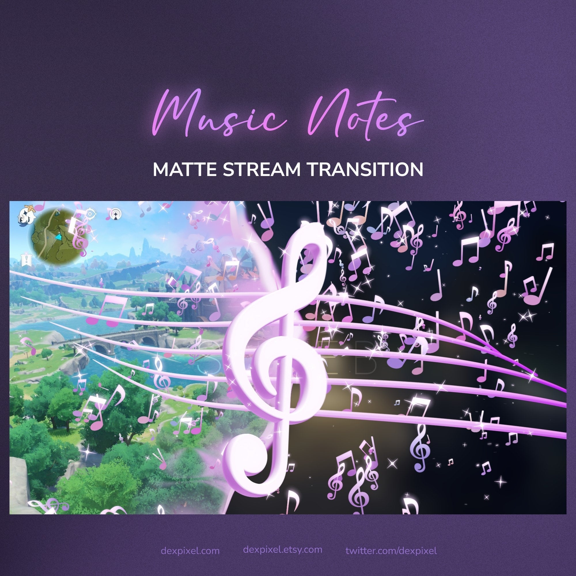 A glowing lavender treble clef graphic with sparkling effects and floating musical notes.