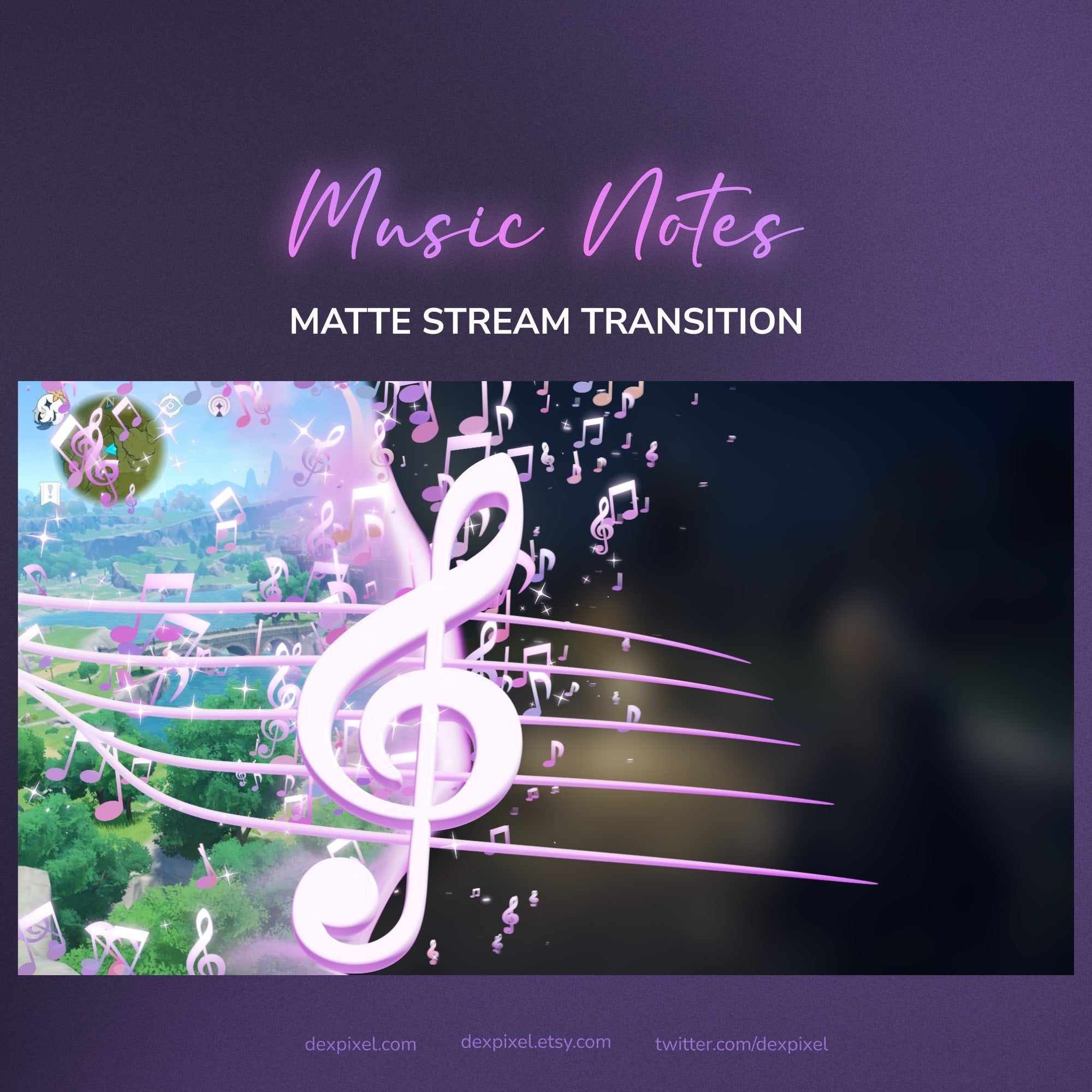 A glowing pink treble clef graphic with floating musical notes against a purple background.