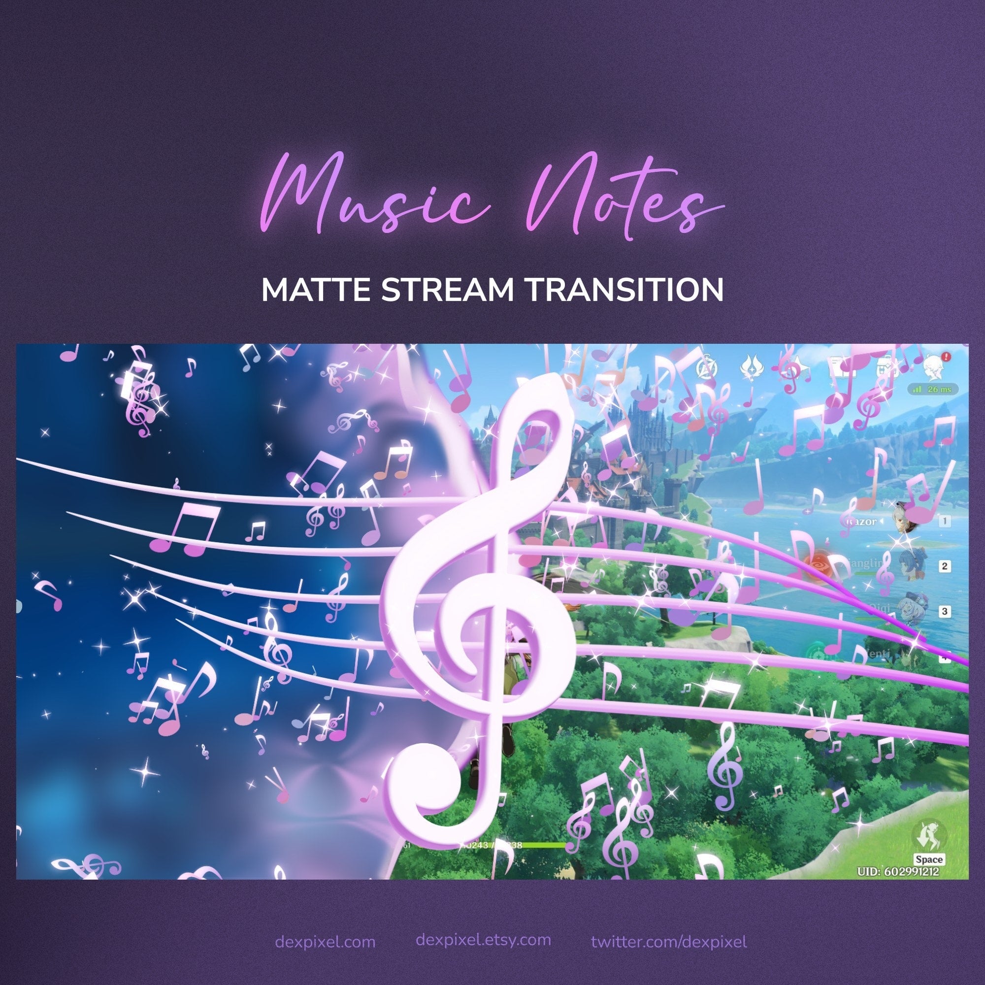 A glowing pink treble clef graphic overlays a vibrant digital landscape with floating musical notes and sparkling effects.