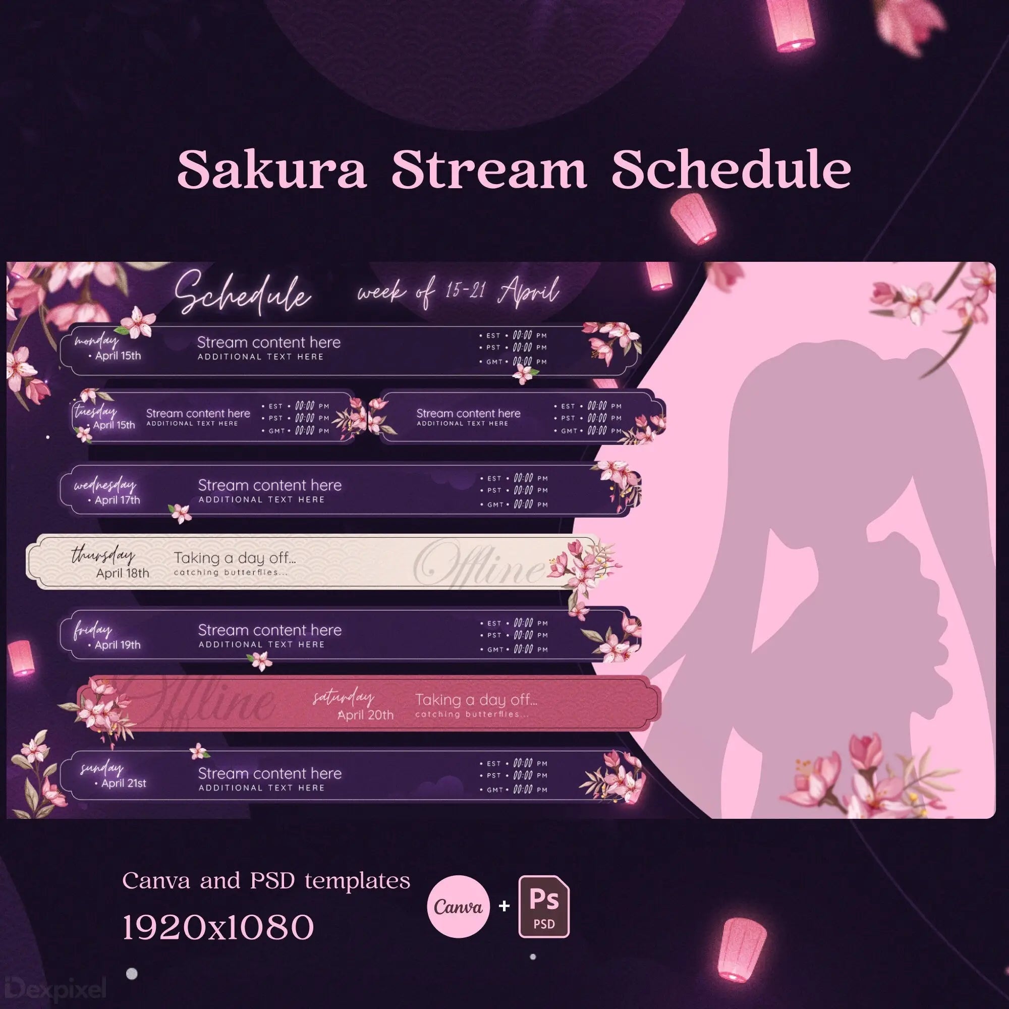 Purple and pink streaming schedule template with cherry blossom decorations.
