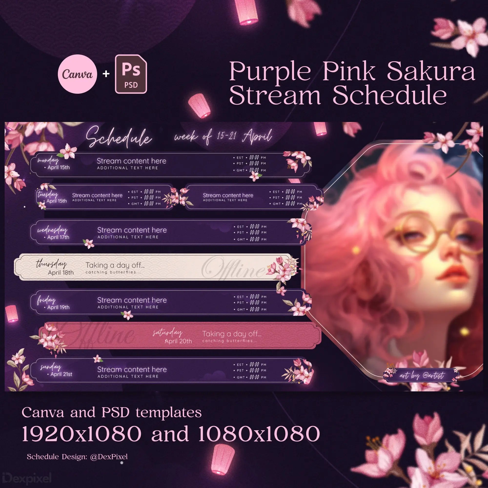 Purple and pink streaming schedule template decorated with sakura flowers and floating lanterns.