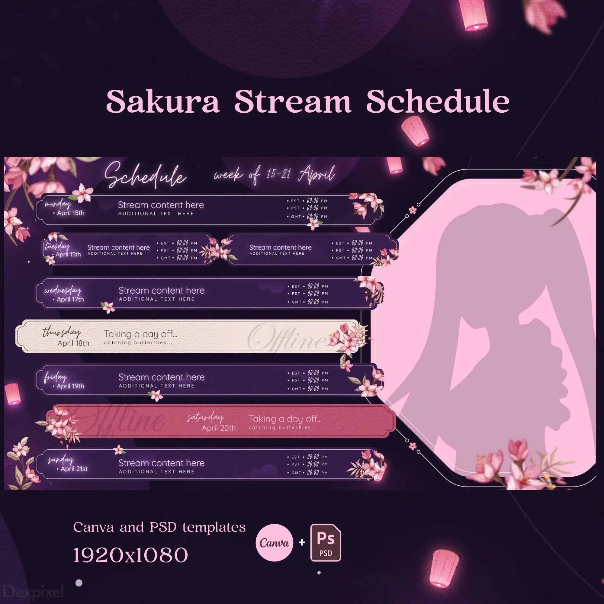 Stream schedule template with a pink sakura (cherry blossom) theme and daily time slots.