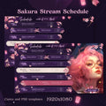 Sakura-themed streaming schedule template with pink cherry blossom decorations and purple panels.