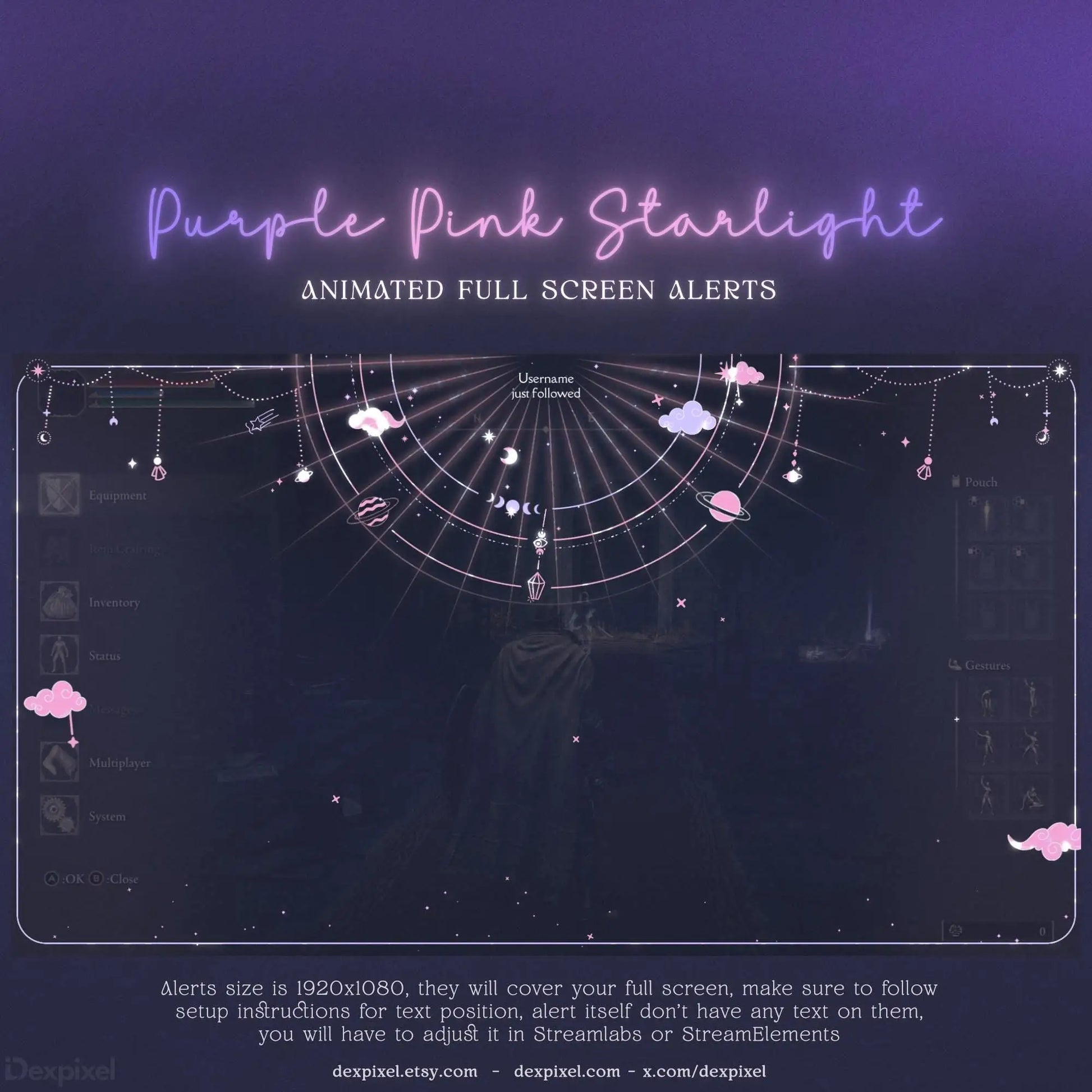 Purple and pink animated stream alert overlay with starlight and constellation design elements.