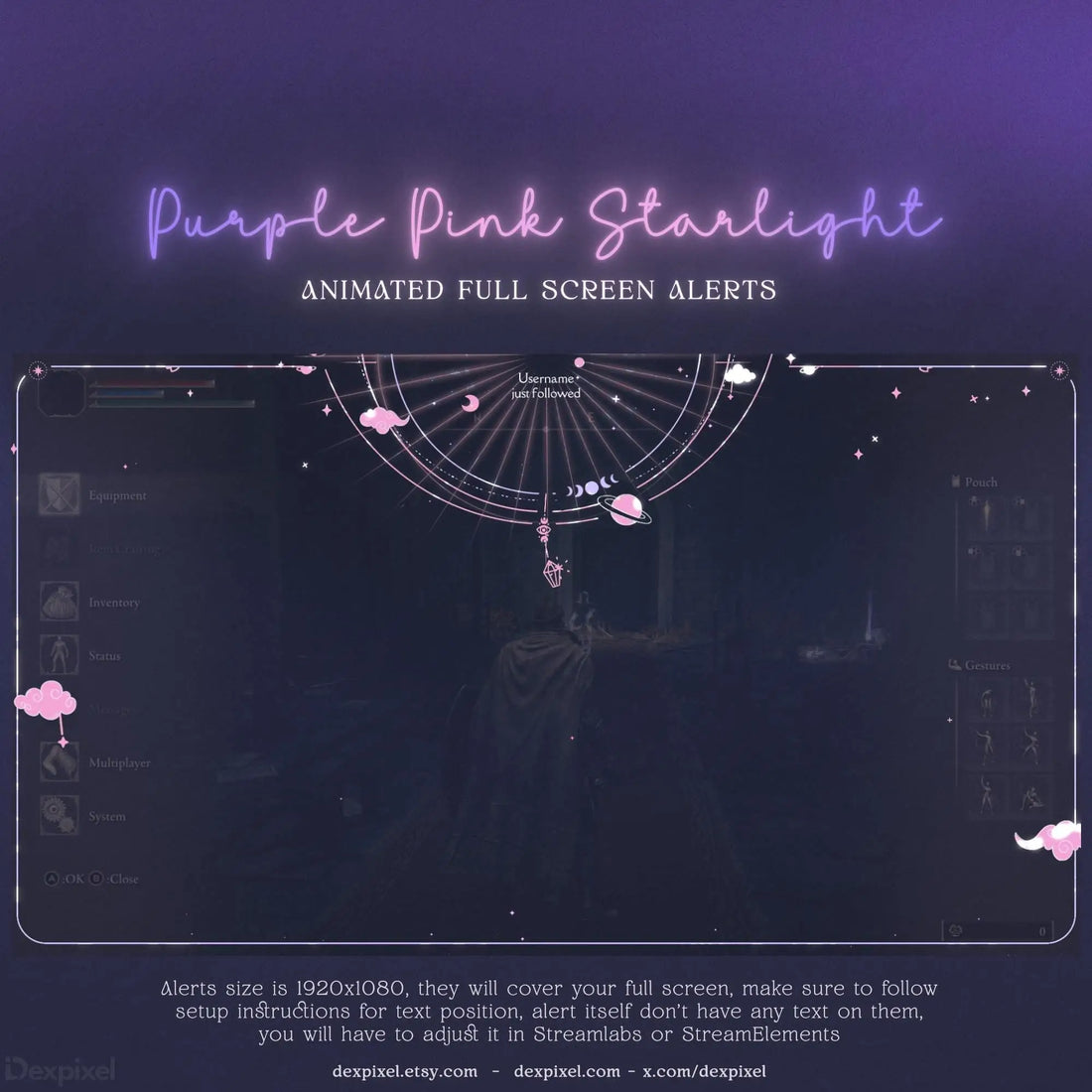 Purple and pink neon-styled animated alert overlay frame with celestial decorative elements.