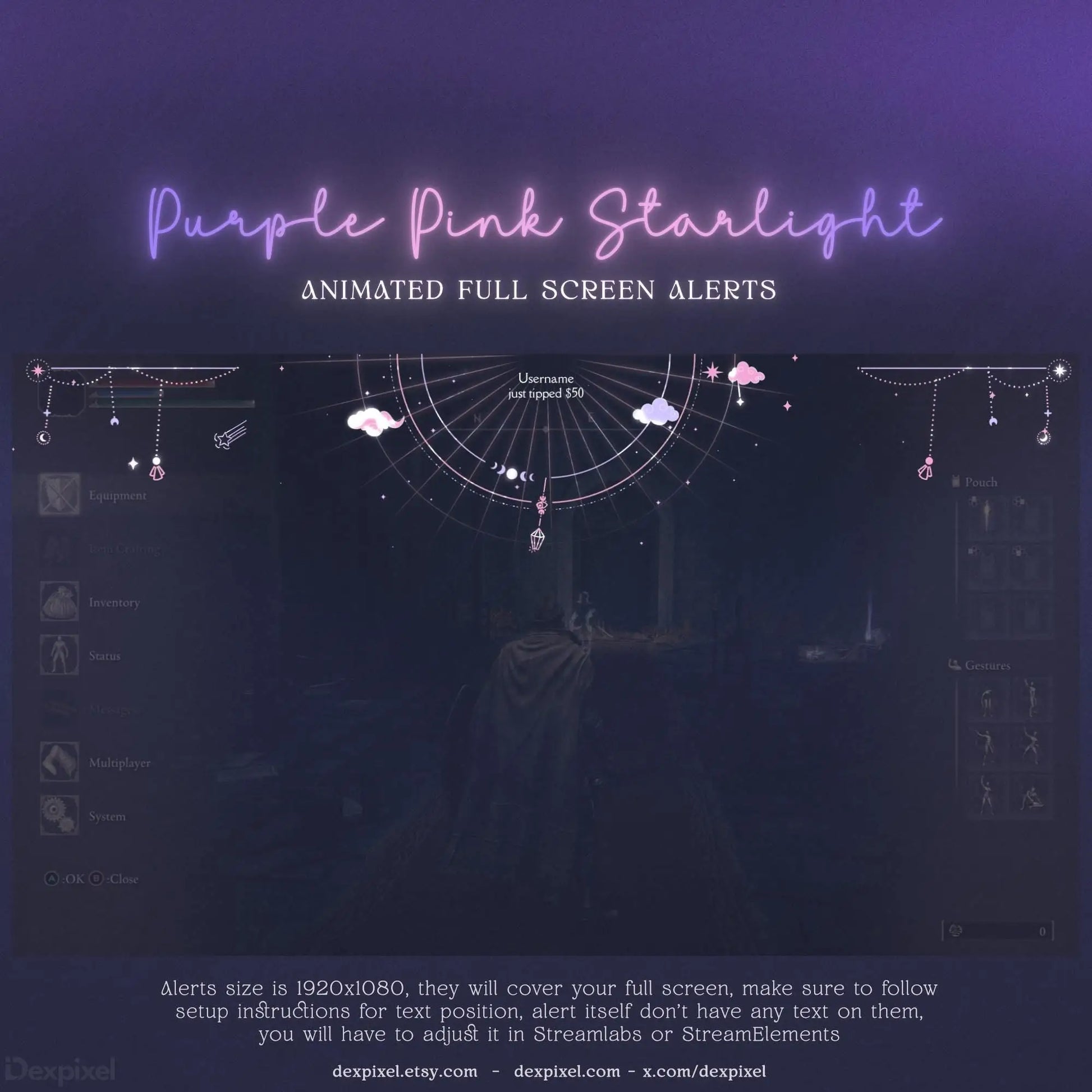 Neon purple text reading ’Purple Pink Starlight’ with animated alert screen designs below it.