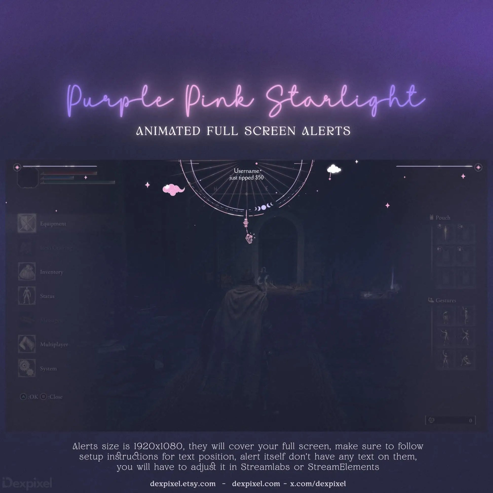 Purple neon text reading ’Purple Pink Starlight’ with small animated icons.