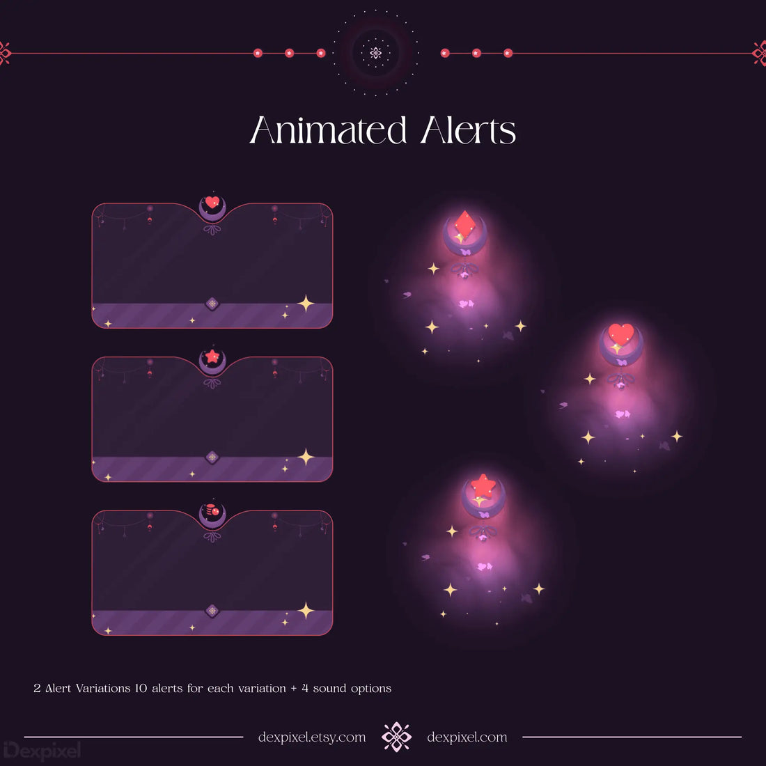 Dark purple and pink themed UI design pack with lunar and star motifs.