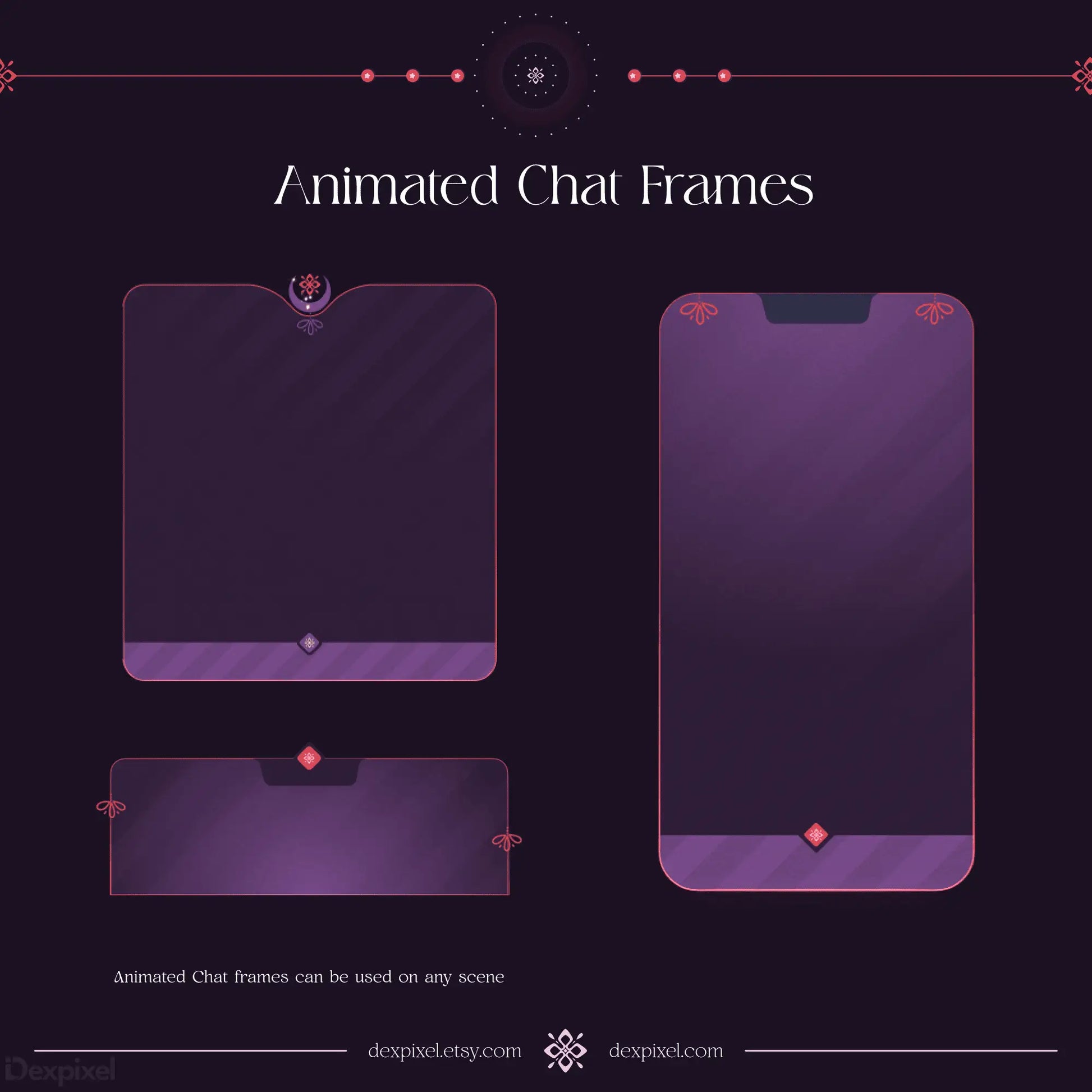 Purple animated chat frame templates with glowing pink accents.