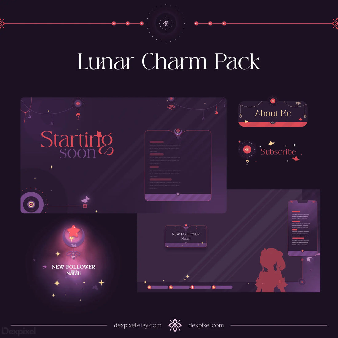 Dark purple and pink themed UI design pack with lunar and star motifs.