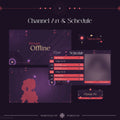 A purple and pink themed Twitch channel layout with offline screen, schedule panel, and silhouette artwork.