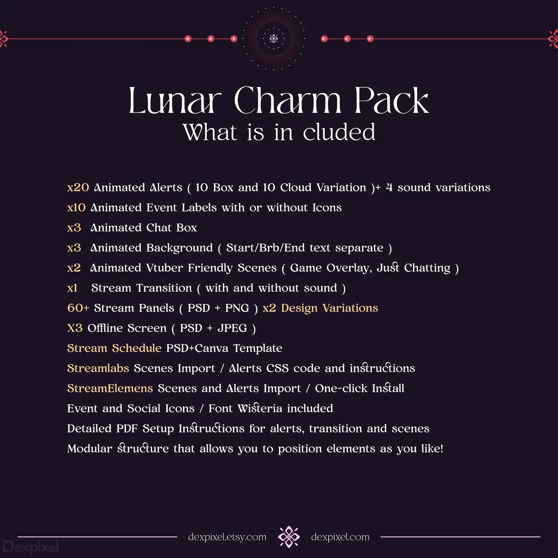 Product listing showing contents of a ’Lunar Charm Pack’ for digital content creators.