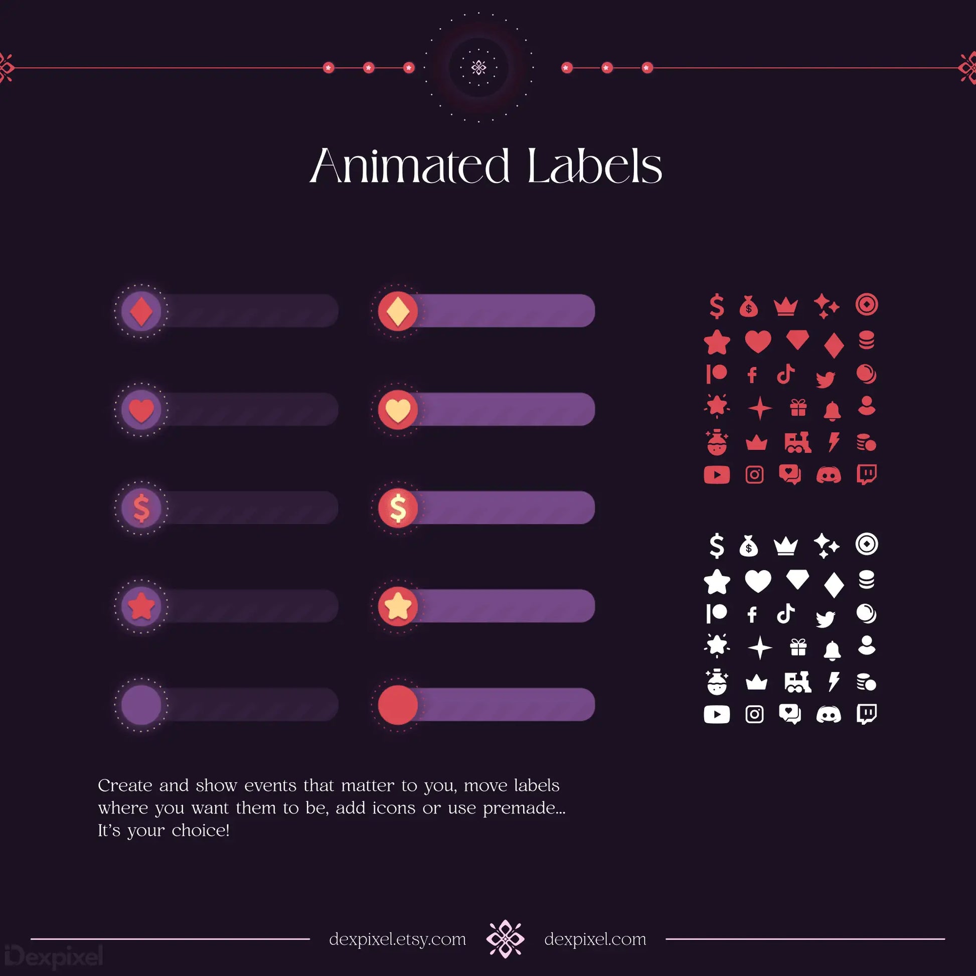 Animated progress bars with glowing dots and accompanying icon sets in pink and white colors.