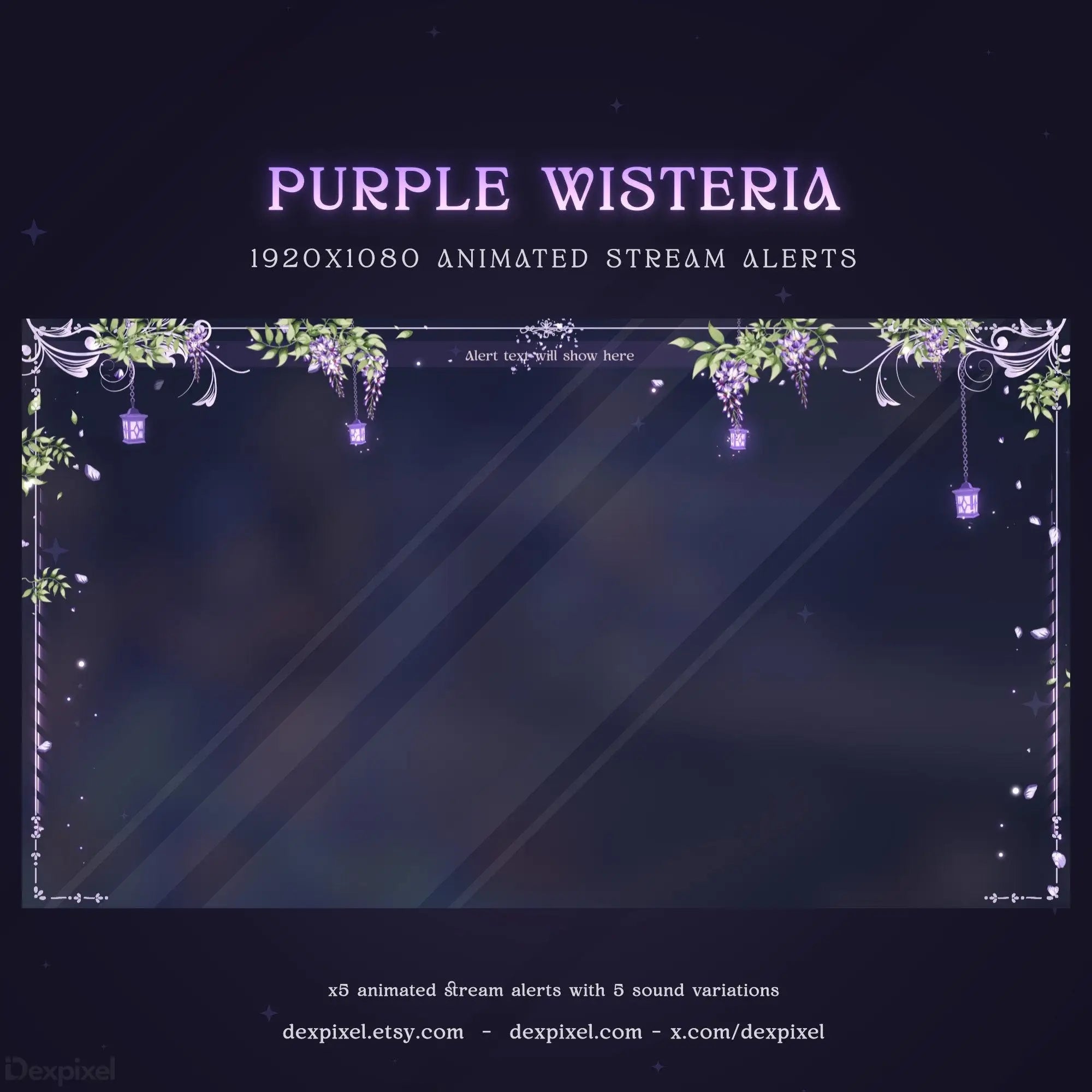 Decorative streaming alert frame with purple wisteria flowers and vines along the borders.