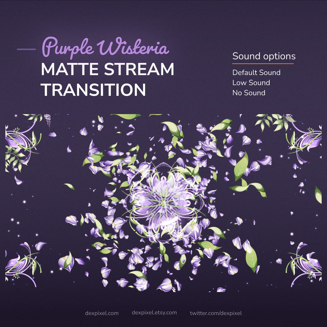 A digital stream transition featuring falling purple wisteria petals and leaves, with sound options.