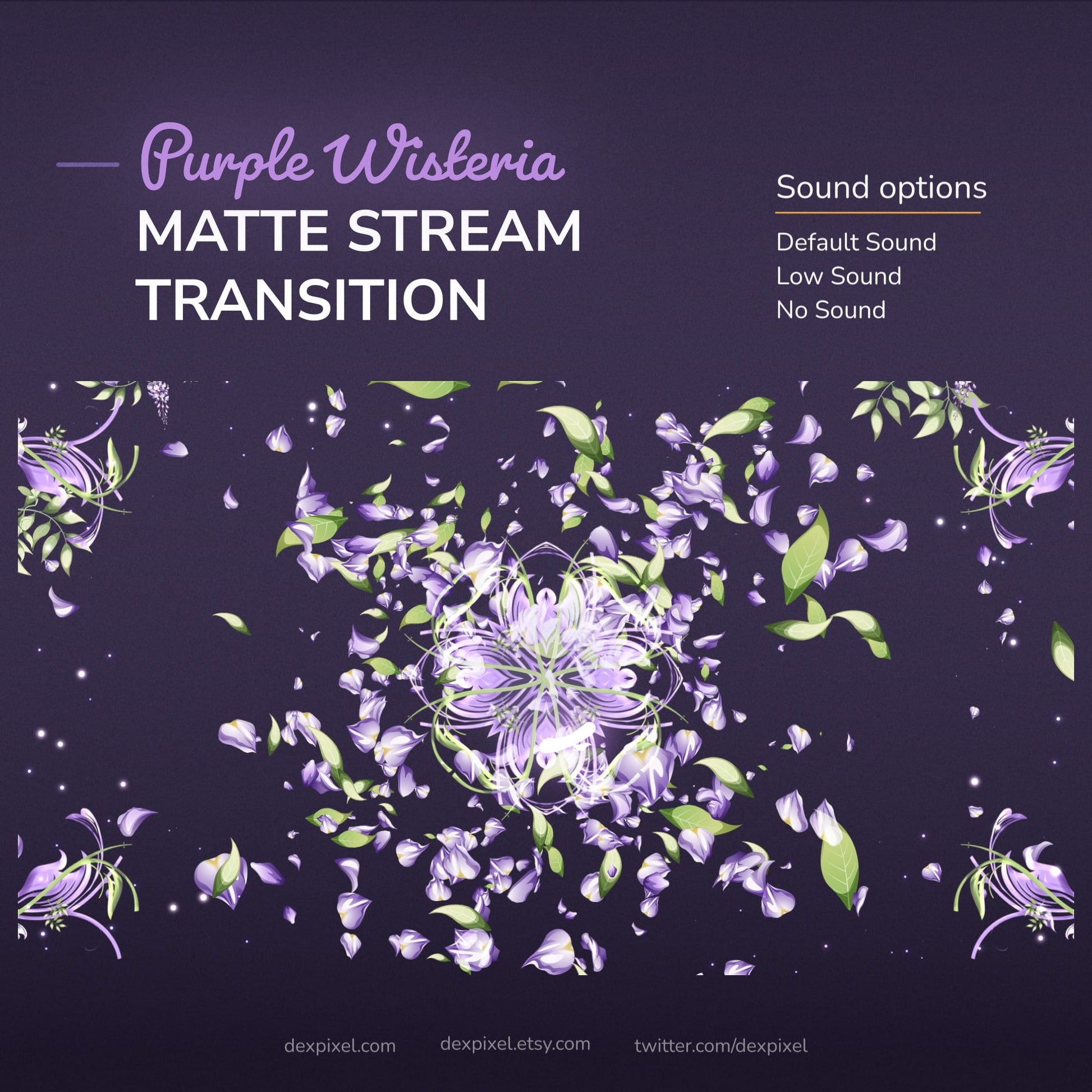 A digital stream transition featuring falling purple wisteria petals and leaves, with sound options.