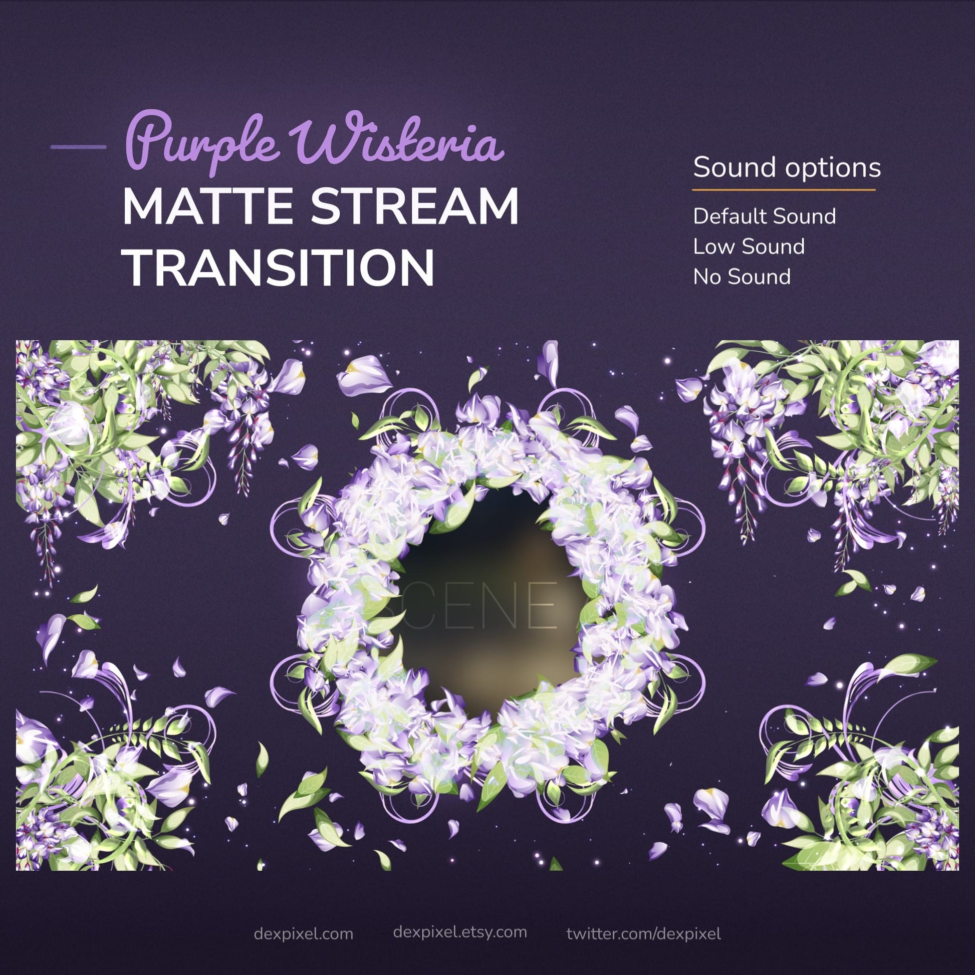 Digital ’Purple Wisteria’ matte stream transition with sound options.