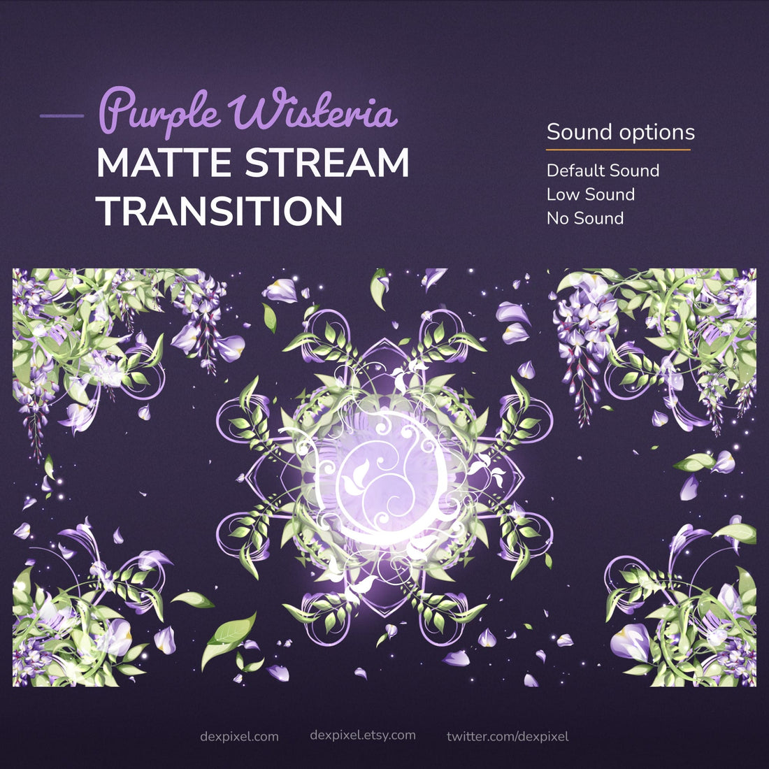 A digital stream transition featuring falling purple wisteria petals and leaves, with sound options.