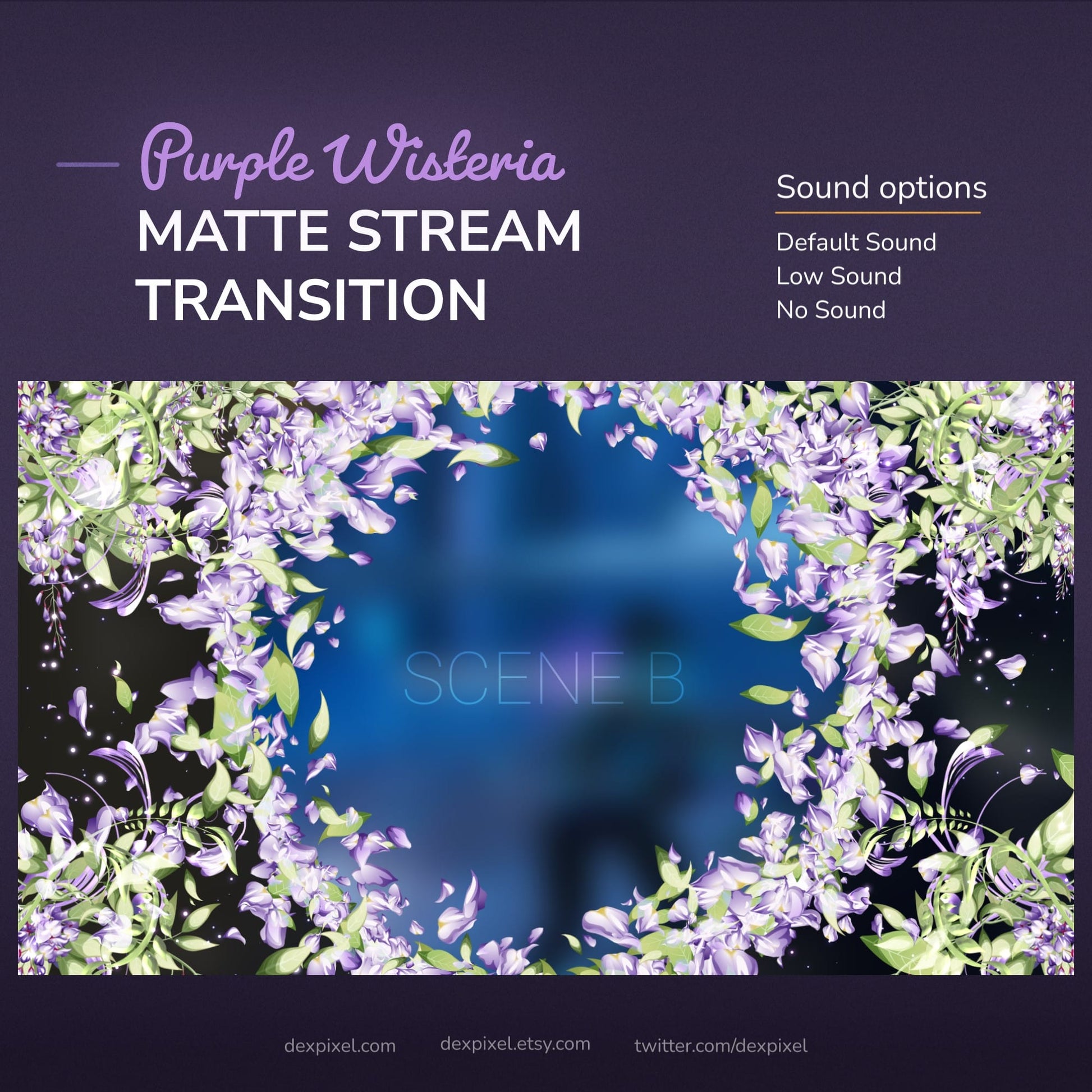 A purple wisteria-themed matte stream transition with sound options.