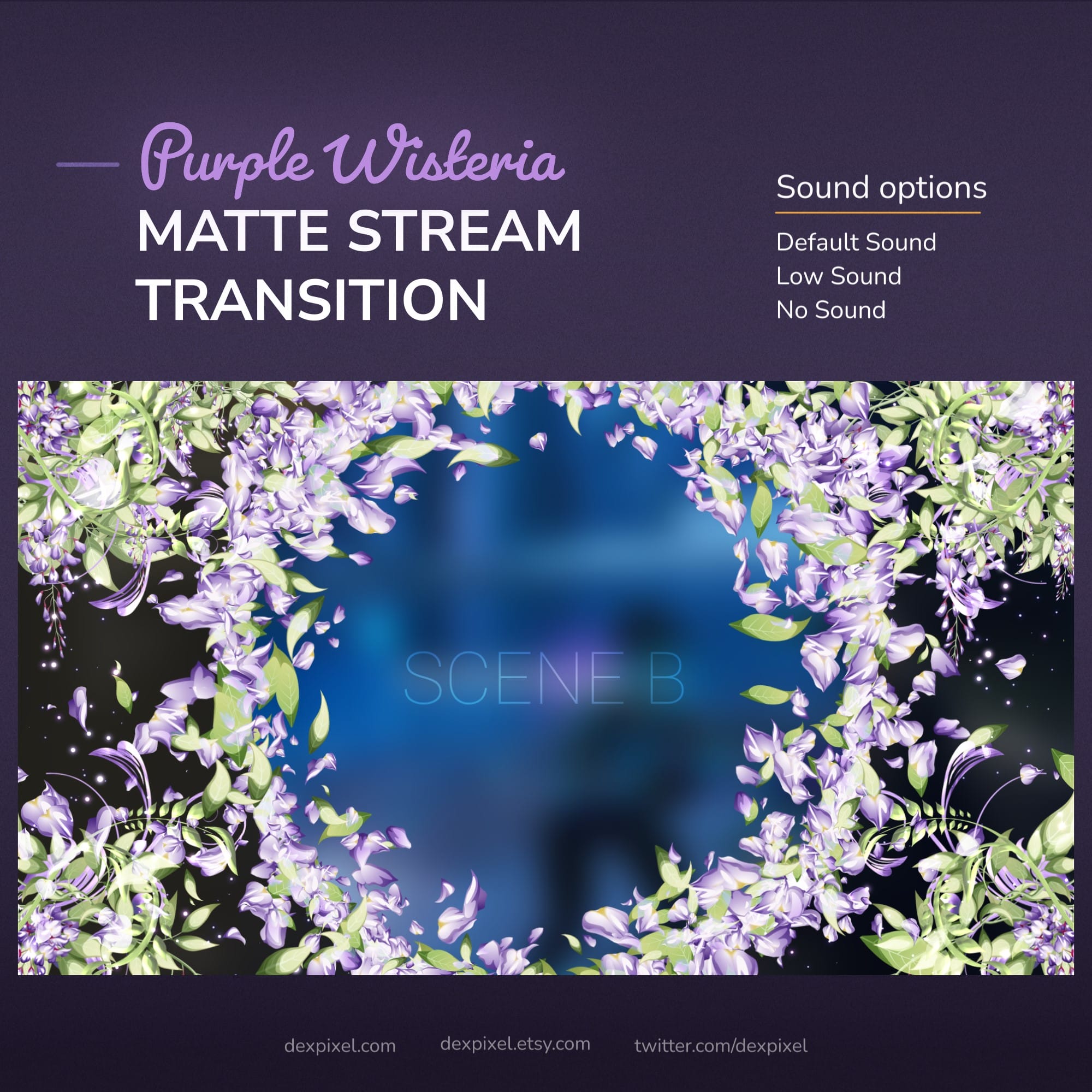 A purple wisteria-themed matte stream transition with sound options.