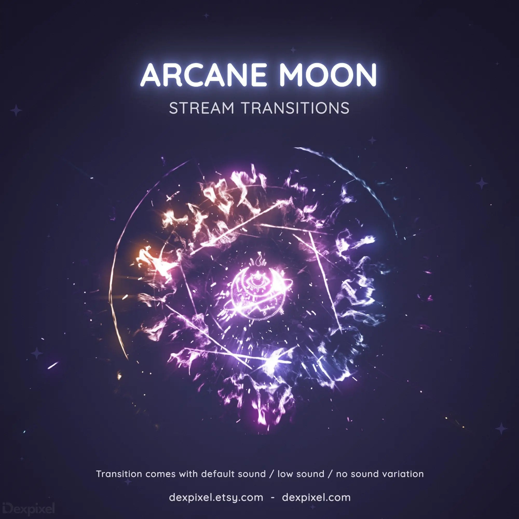 Glowing circular magical symbol with purple and orange energy trails forming a moon-like design.