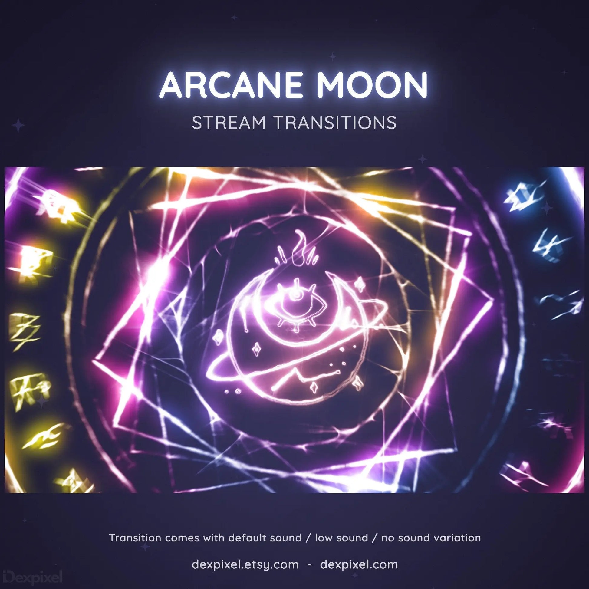 Glowing neon spiral design with mystical moon and arcane symbols in pink and purple hues.