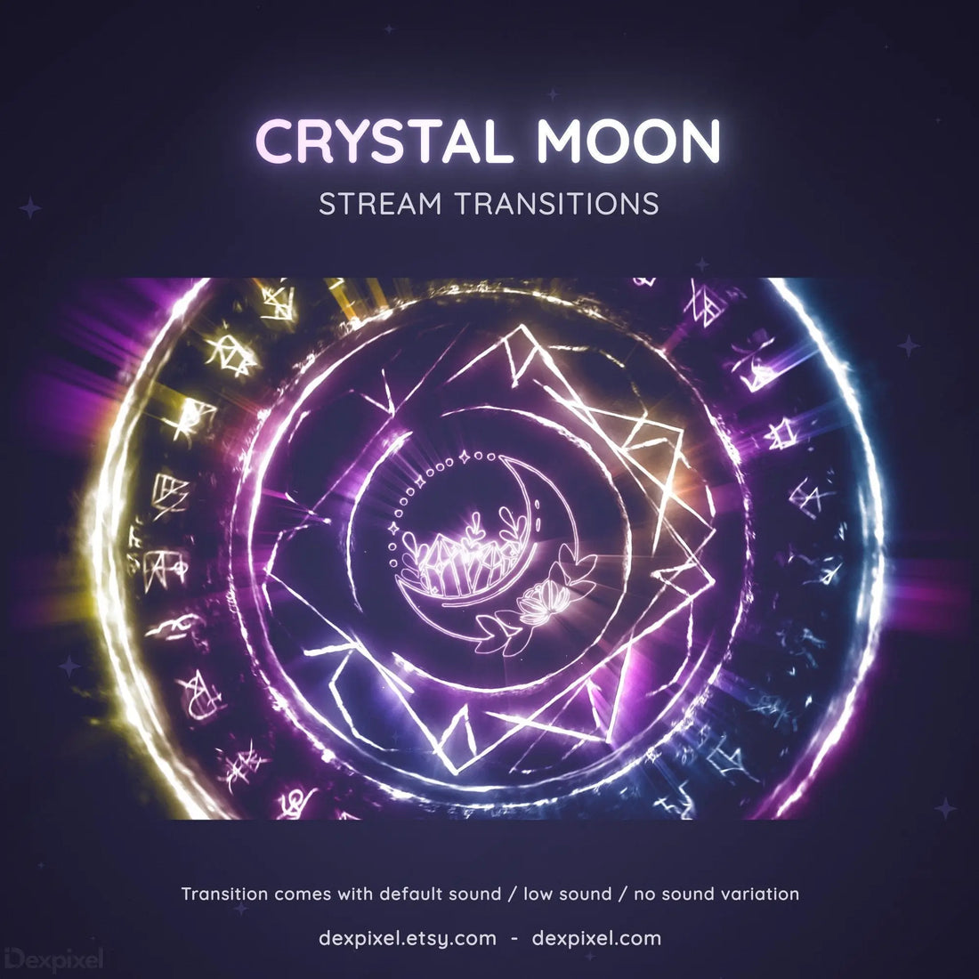 Glowing circular design with mystical symbols and ’Crystal Moon Stream Transitions’ text in neon colors.