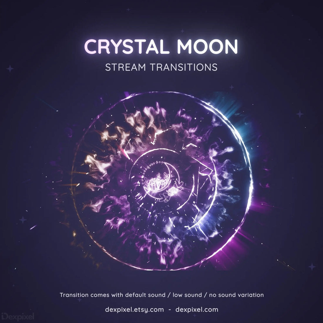 Glowing circular design with mystical symbols and ’Crystal Moon Stream Transitions’ text in neon colors.