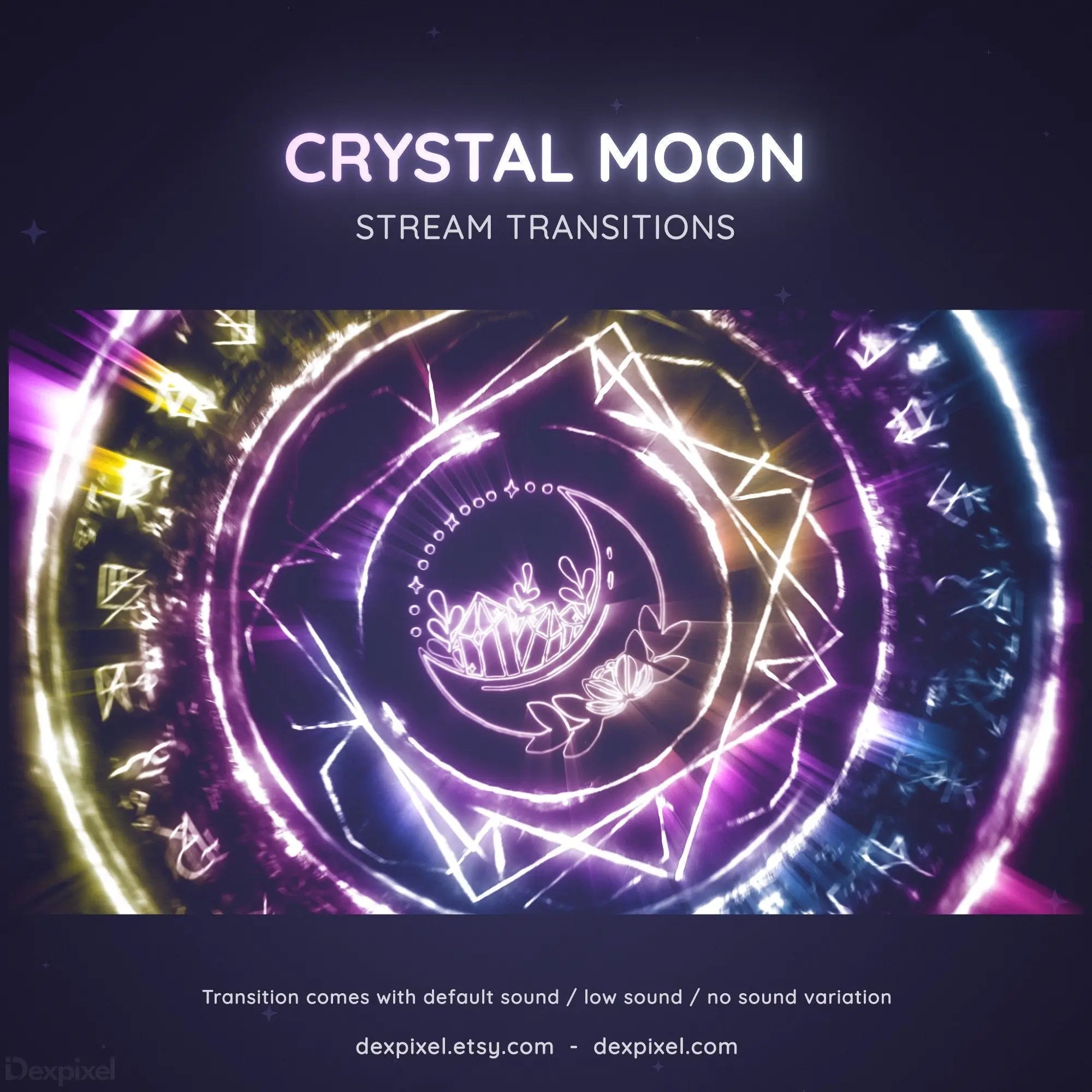 Glowing spiral design with geometric patterns and ’Crystal Moon Stream Transitions’ text in neon colors.