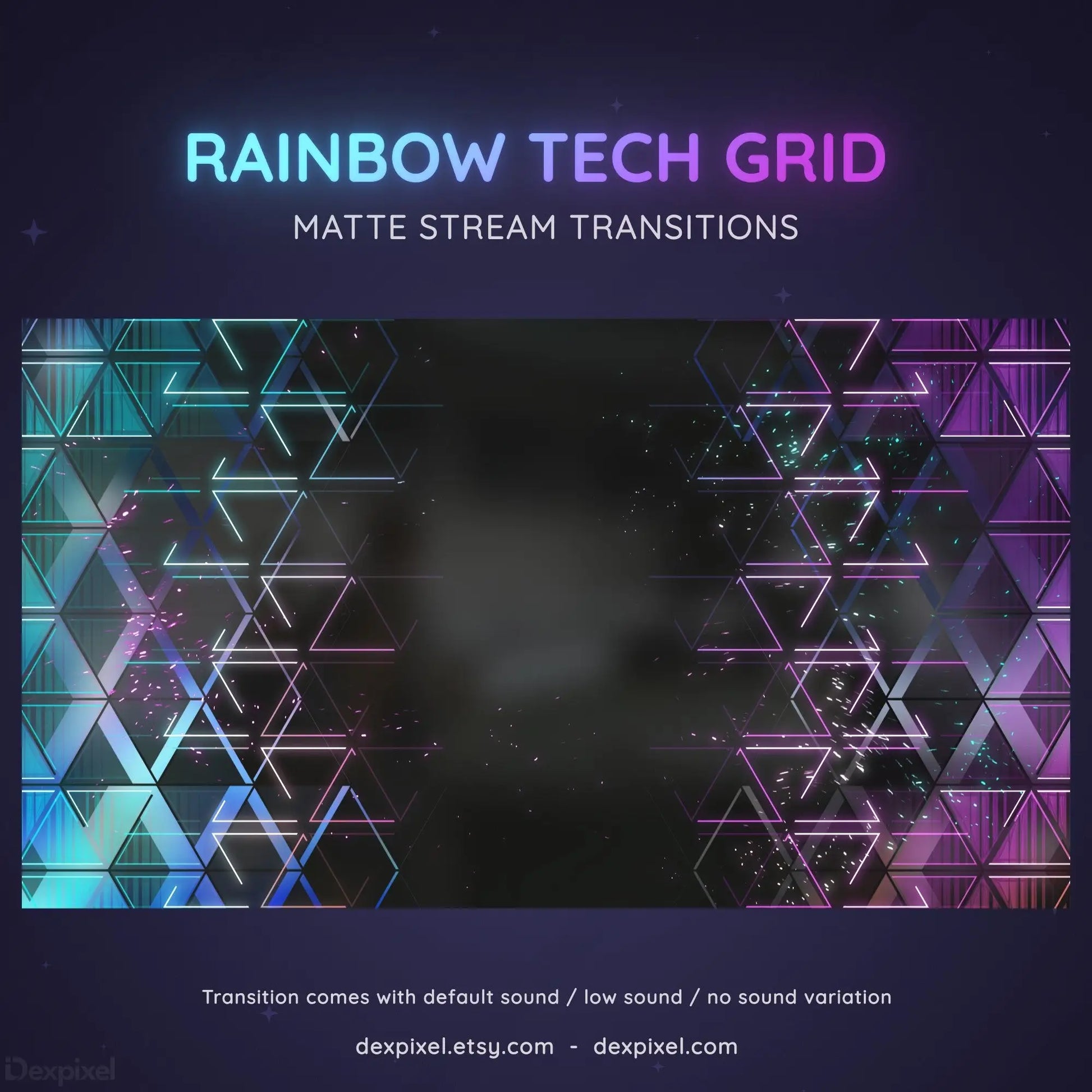 Geometric tech grid pattern with rainbow gradient colors transitioning from blue to purple.