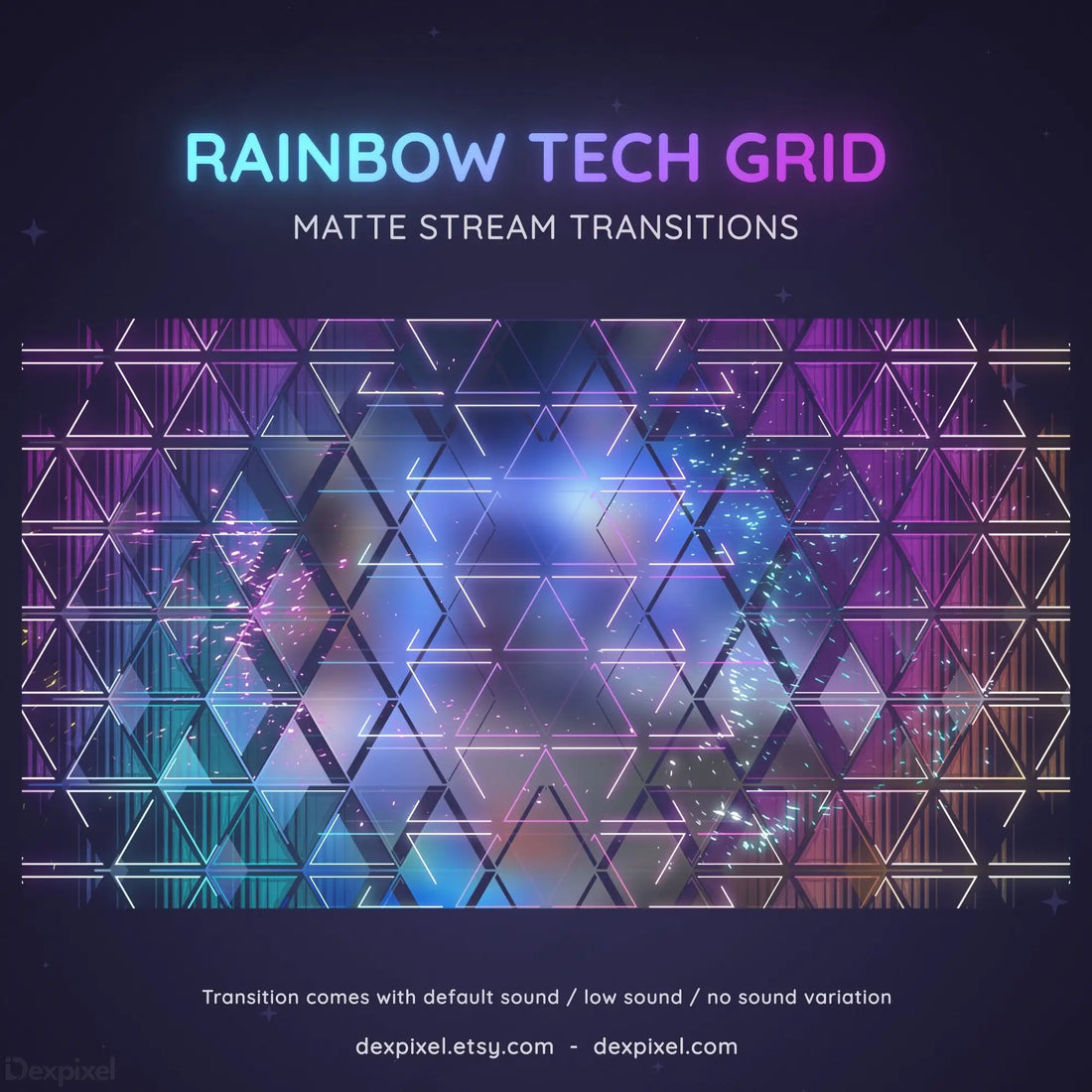 Geometric grid pattern with rainbow gradient colors and tech-style line elements.